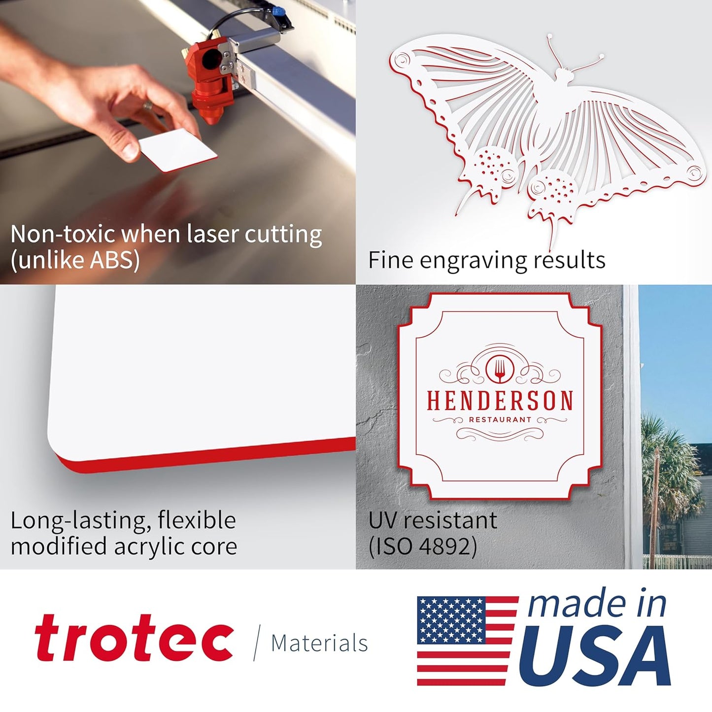 Trotec TroLase | 12"x24"x1/16", 4 Pcs | White/Red | 2 Ply | Modified Acrylic | Laser Engraving Double Color Plastic Sheet | Engraving Blanks for Laser, Saw, Guillotine | Made in USA