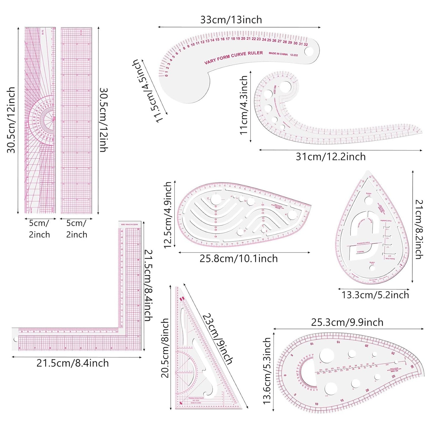 Fashion Clear Metric Sewing Ruler Set,French Curve Pattern Rulers for Beginners, Tailors, Designers, Quilting, Embroidery, Cross Stitch, Crochet, Knitting 9pcs