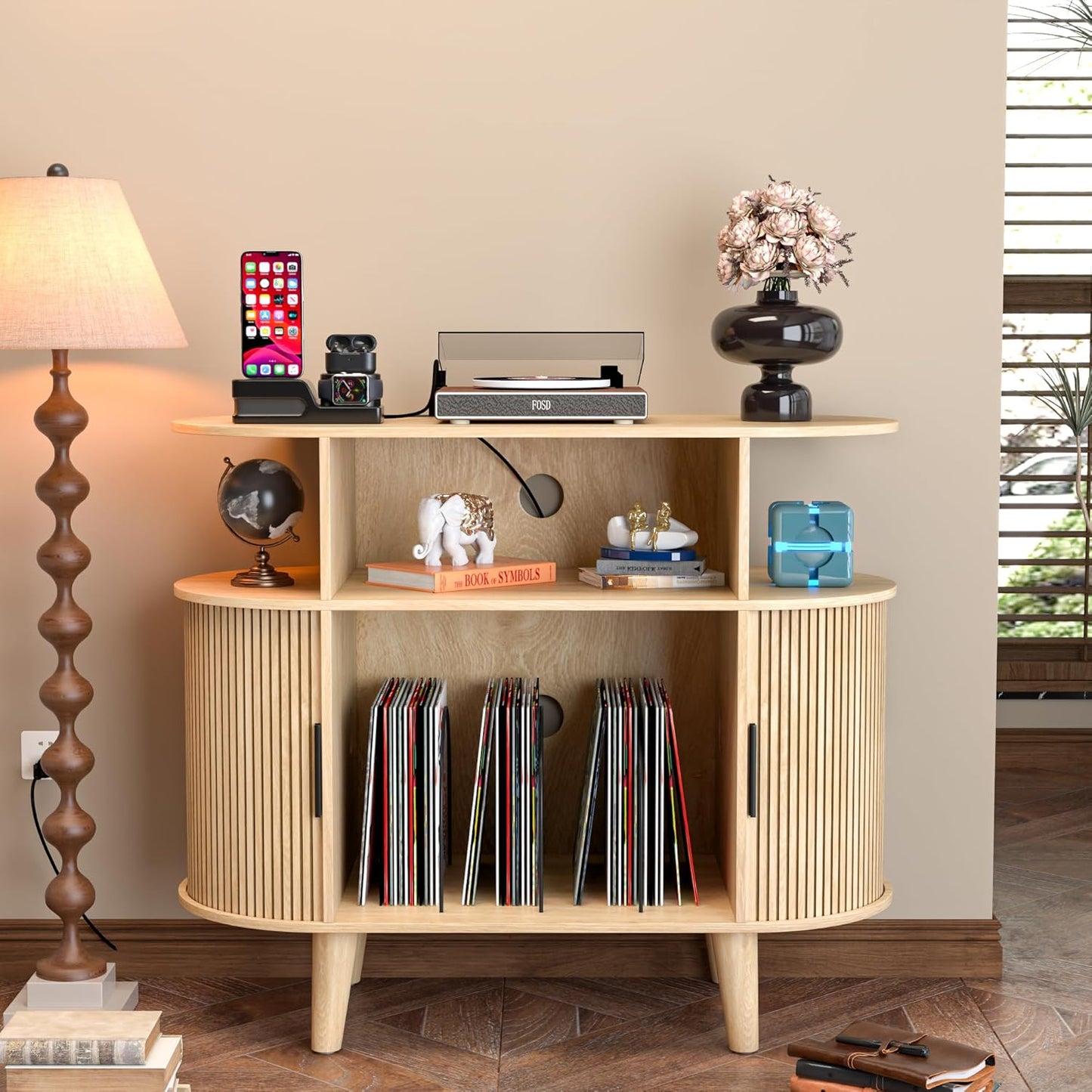 Large Round Record Player Stand with Charging Station & USB Ports，Record Storage Cabinet, Mid Century Modern Turntable Stand for Bedroom Living Room (Small Oak)