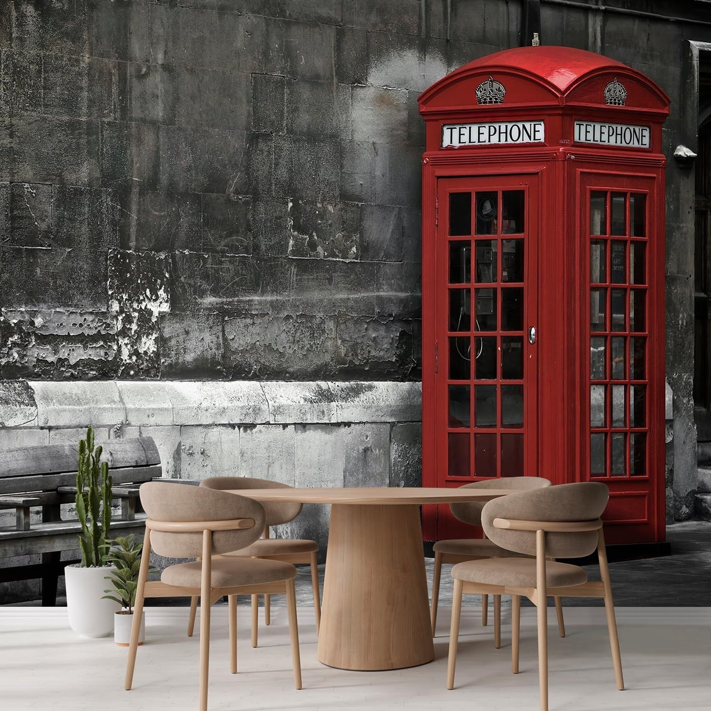 wall26 British Phone Booth in London, United Kingdom Removable Wall Mural | Self-Adhesive Large Wallpaper - 132x144 inches
