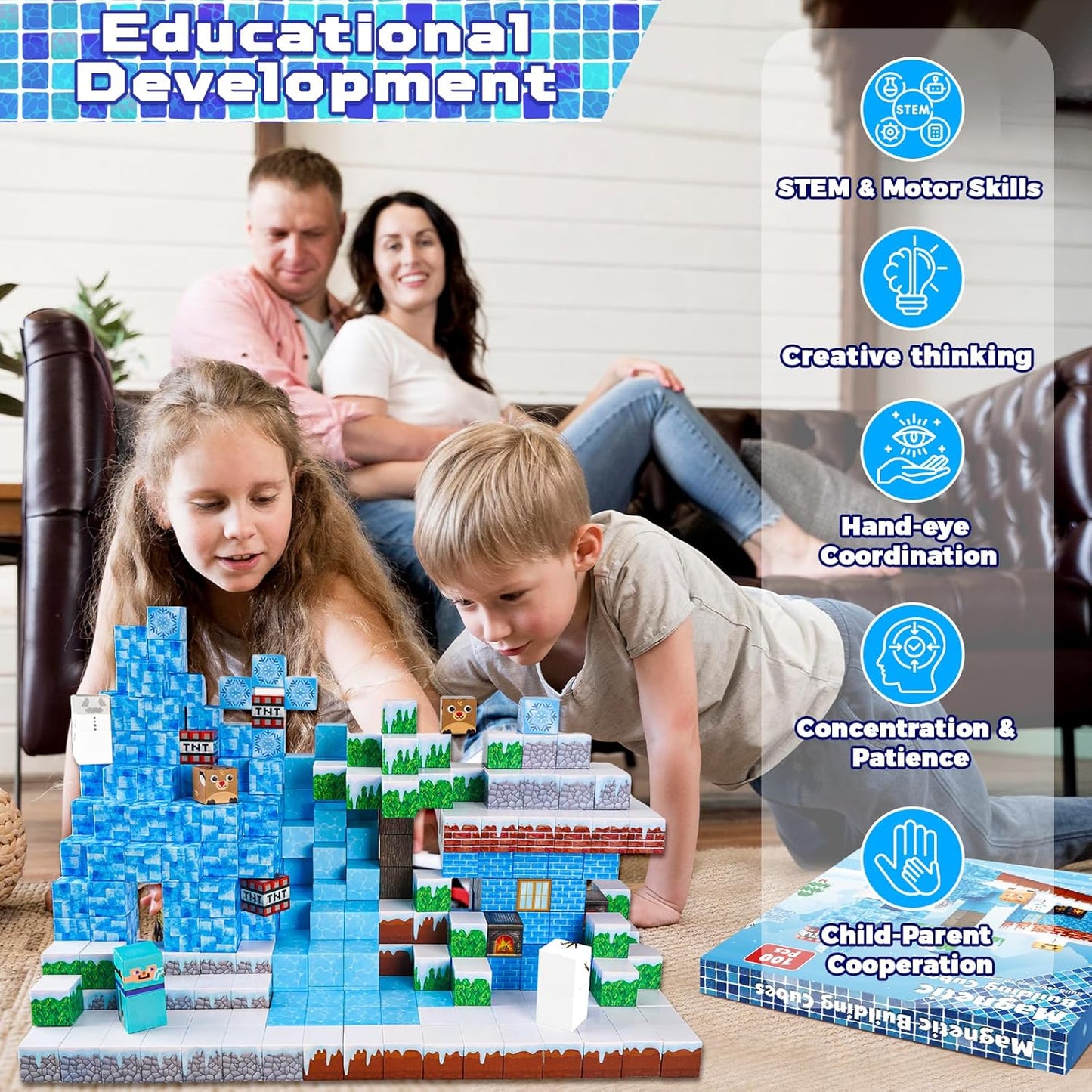 Magnetic Blocks - 100PCS Magnetic Building Blocks Glacier Castle, STEM Montessori Sensory Toys for Toddlers Kids Boys Girls Ages 3 4 5 6 7 8 9 10 Holiday Easter Birthday Gifts