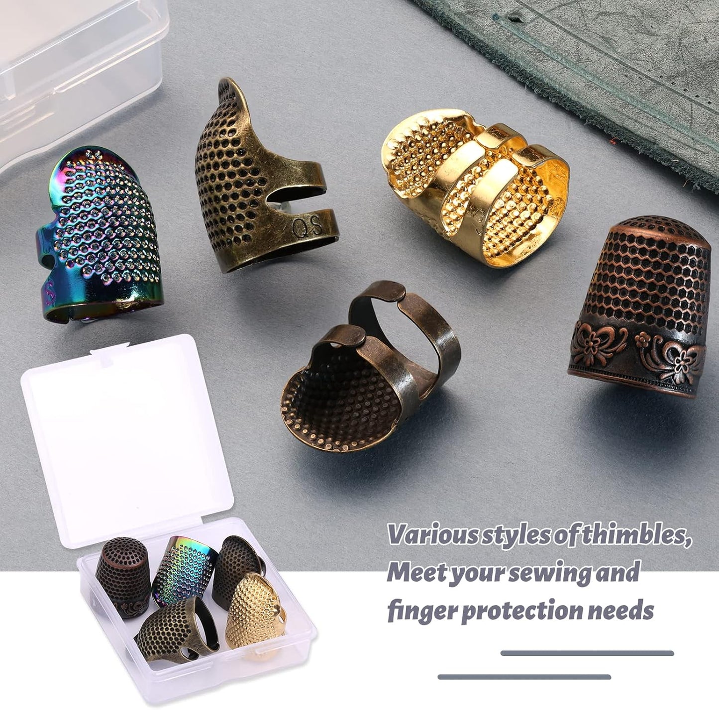 5 Pcs Sewing Thimbles, Adjustable Metal Sewing Thimble Rings, Finger Protector for Hand DIY, Red Bronze Metal Shield, DIY Sewing Tools Accessories, Thimble Ring for Quilting