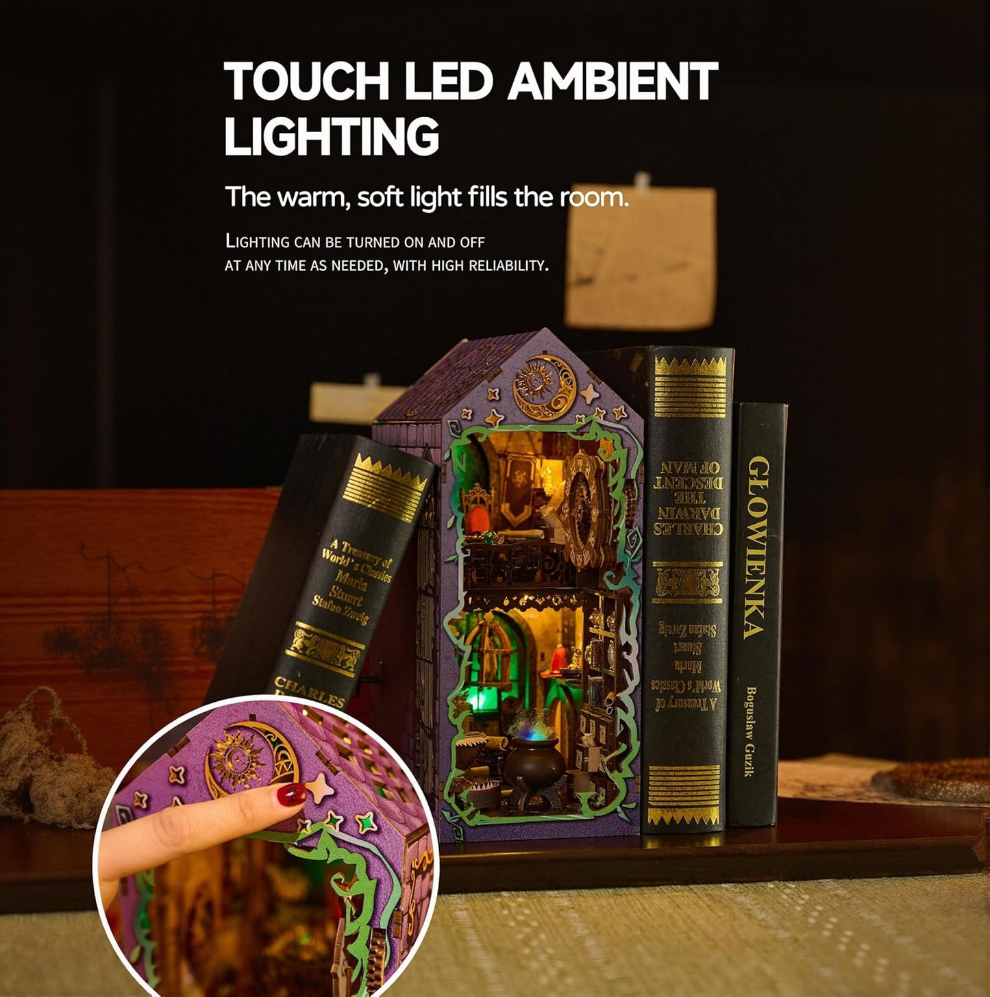 [2025 New] Mystic Theurge's Book Nook Kit with Dust Cover & LED Light, DIY Miniature House Kit Toy, 3D Wooden Puzzle Bookshelf Decor Building Kit, Birthday Gifts for Family & Friends