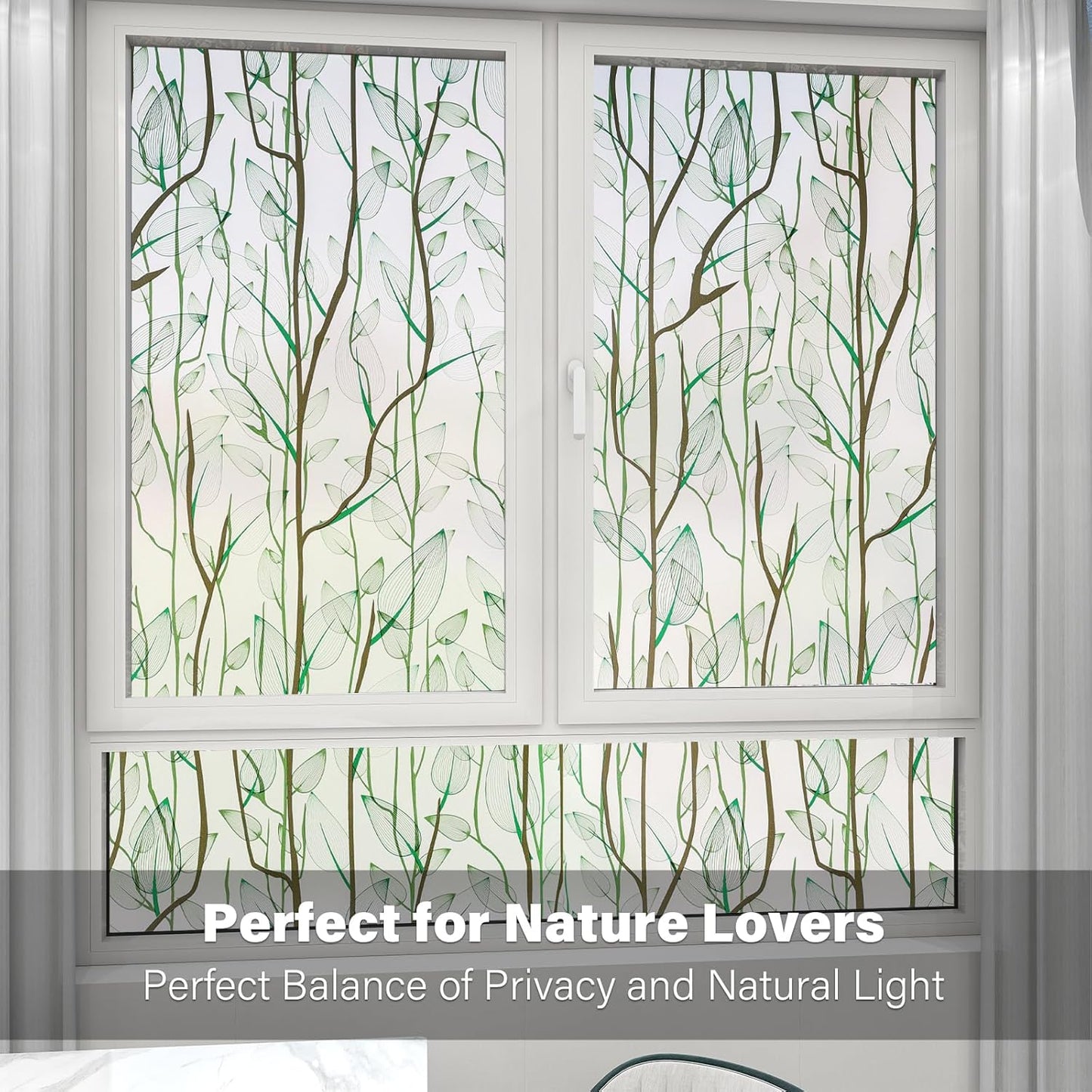 Donox Frosted Glass Window Film Heat Control UV Blocking, Static Cling Reusable Home Bathroom Door Window Privacy Film, Green Leaf Pattern Window Covering with Installation Tool, 35.4 in x 6.5 feet