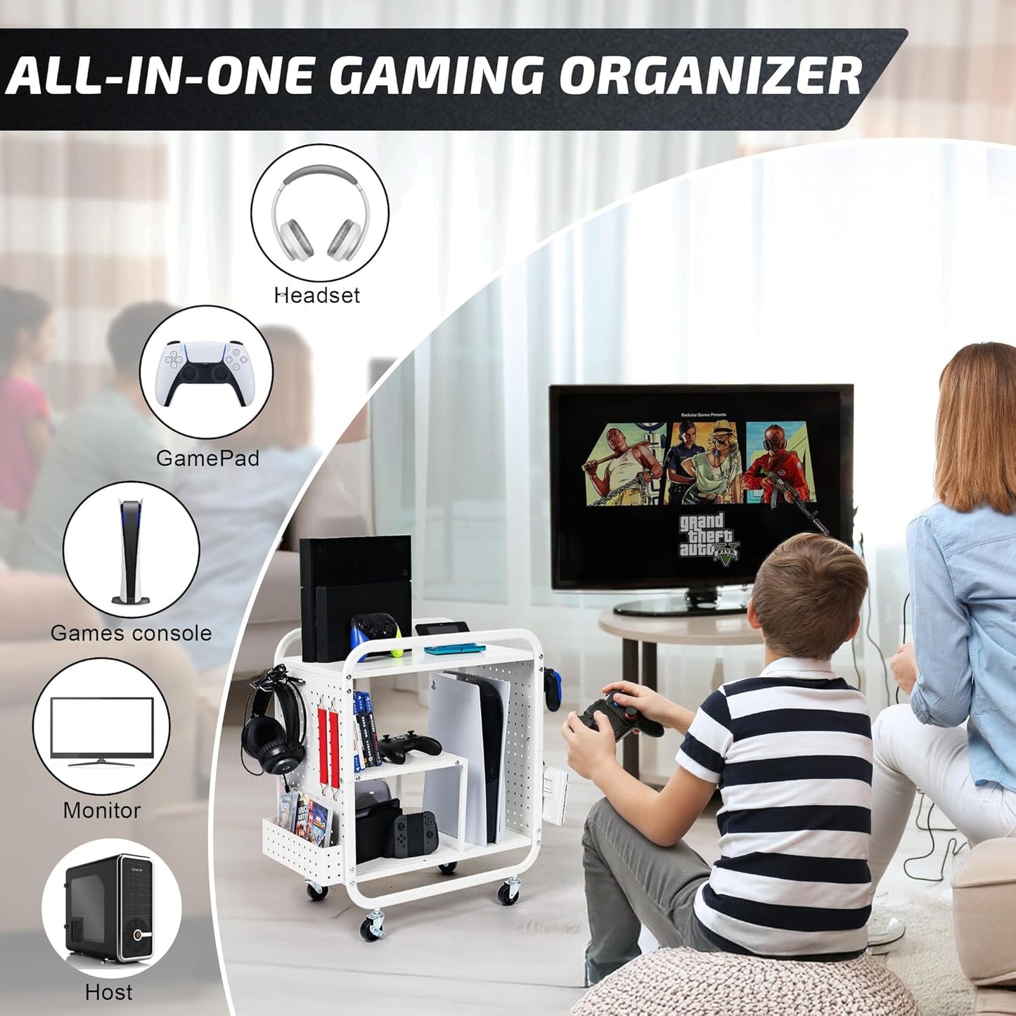 PLKOW Video Game Organizer, Rolling Video Game Storage Rack for Xbox/Switch/PS4/PS5 Accessories, Game Consoles Stand Controllers Holder, Perfect Holiday Present (White)