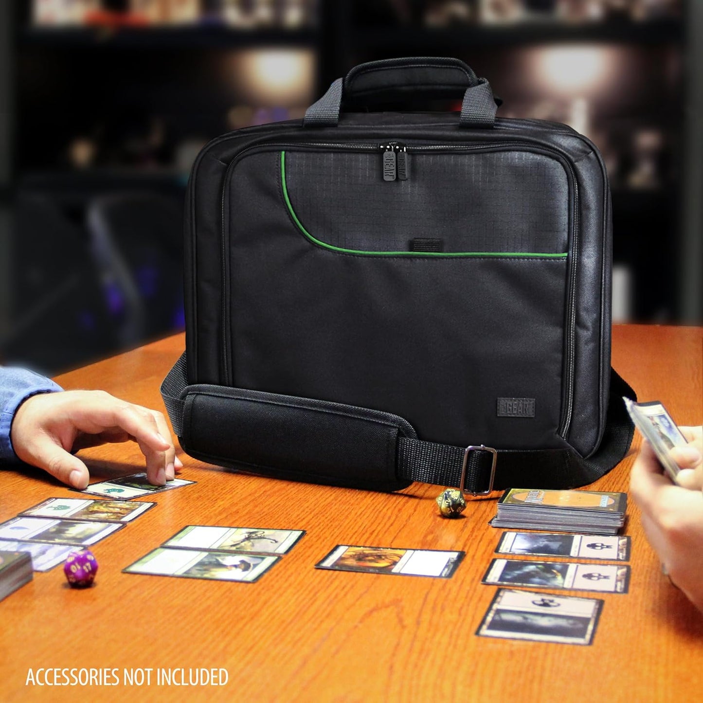 USA Gear XL Trading TCG MTG Deck Box Bag Travel Case - Large MTG Card Storage Bag with Padded Shoulder Strap, Customizable Interior, Weather Resistant - Fits Deck Boxes & Sleeved Cards - Green