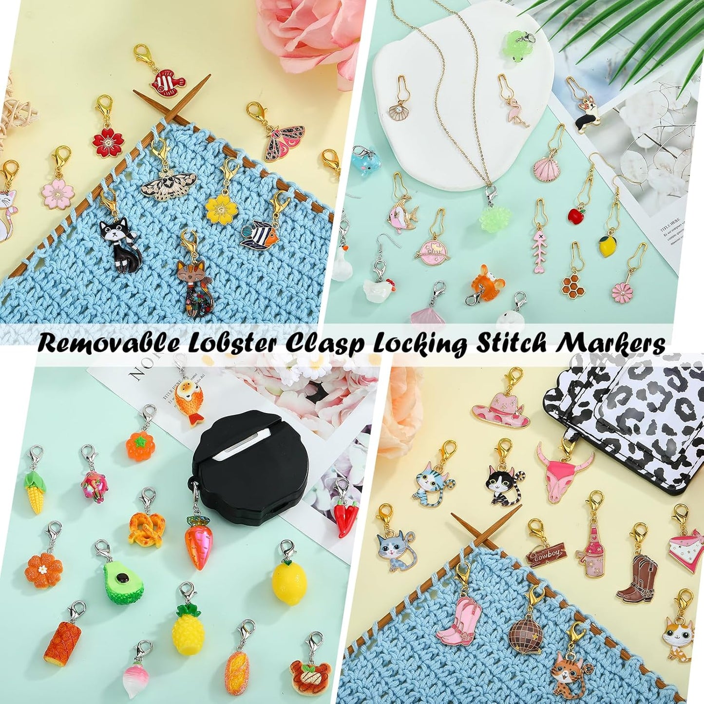 BEEFLYING 16Pcs Cowgirl Stitch Marker Charms for Crocheting and Knitting, 8 Styles Locking Pink Enemal Crochet Knit Stitch Marker Pendant with Leverback Clasp for Knitting Crocheting Accessories