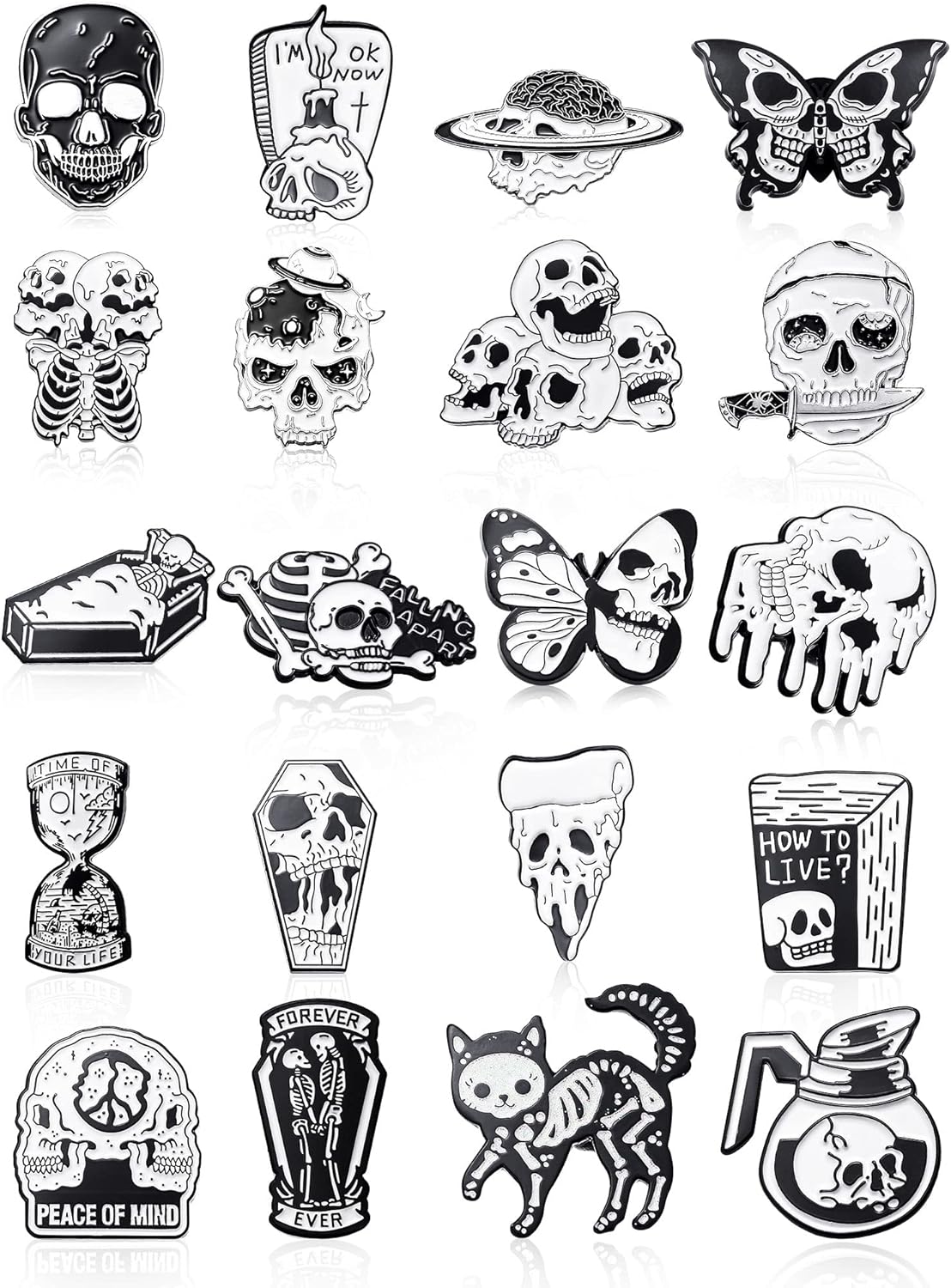 BBTO 20 Pieces Enamel Pins Skull Spooky Skeleton Enamel Pins Set Black Decorative Cartoon Goth Skull Horror Dark Brooch Cute Lapel Buttons for Jacket Backpack Hat Halloween