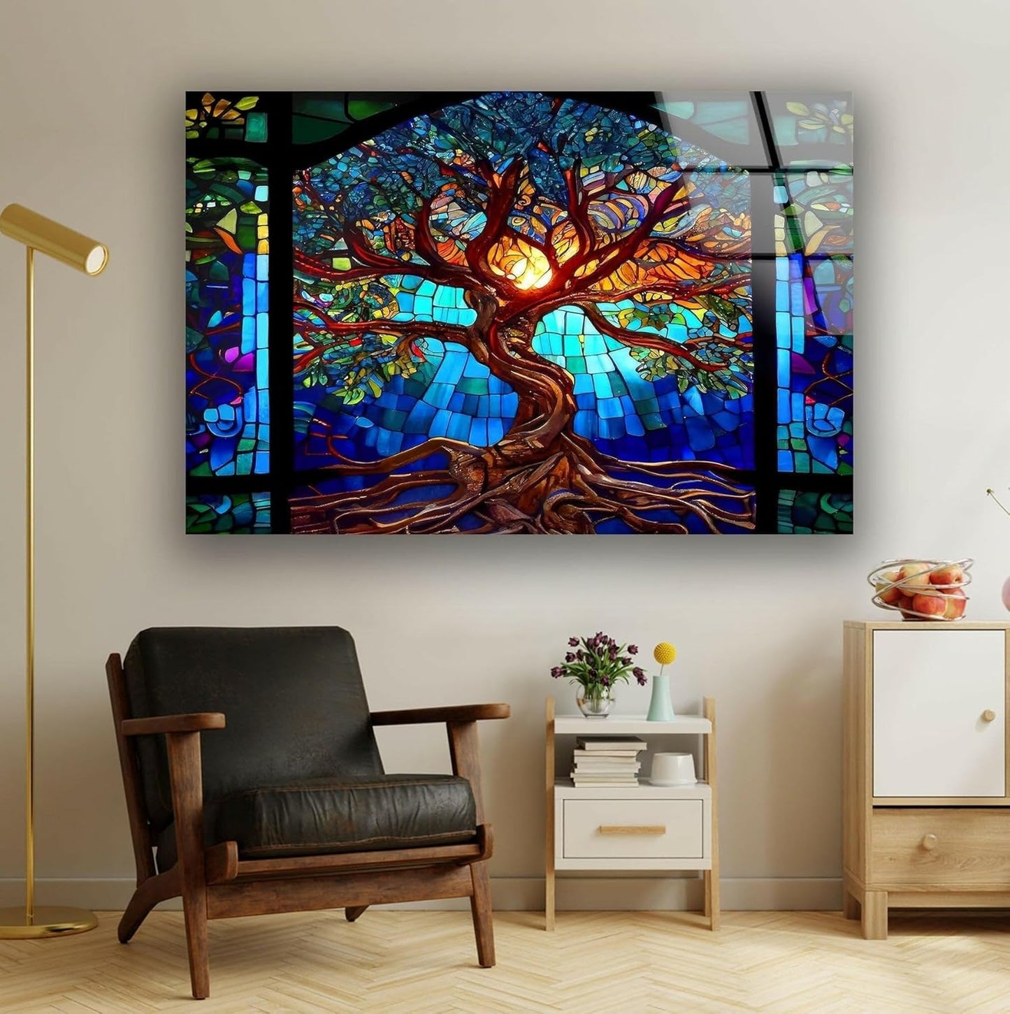 My Photostation.com 48Wx32H'' Stained Blue Life of Tree Glass Wall ArtTempered Glass Printing Wall Decor Large Wall Art Wall Hangings