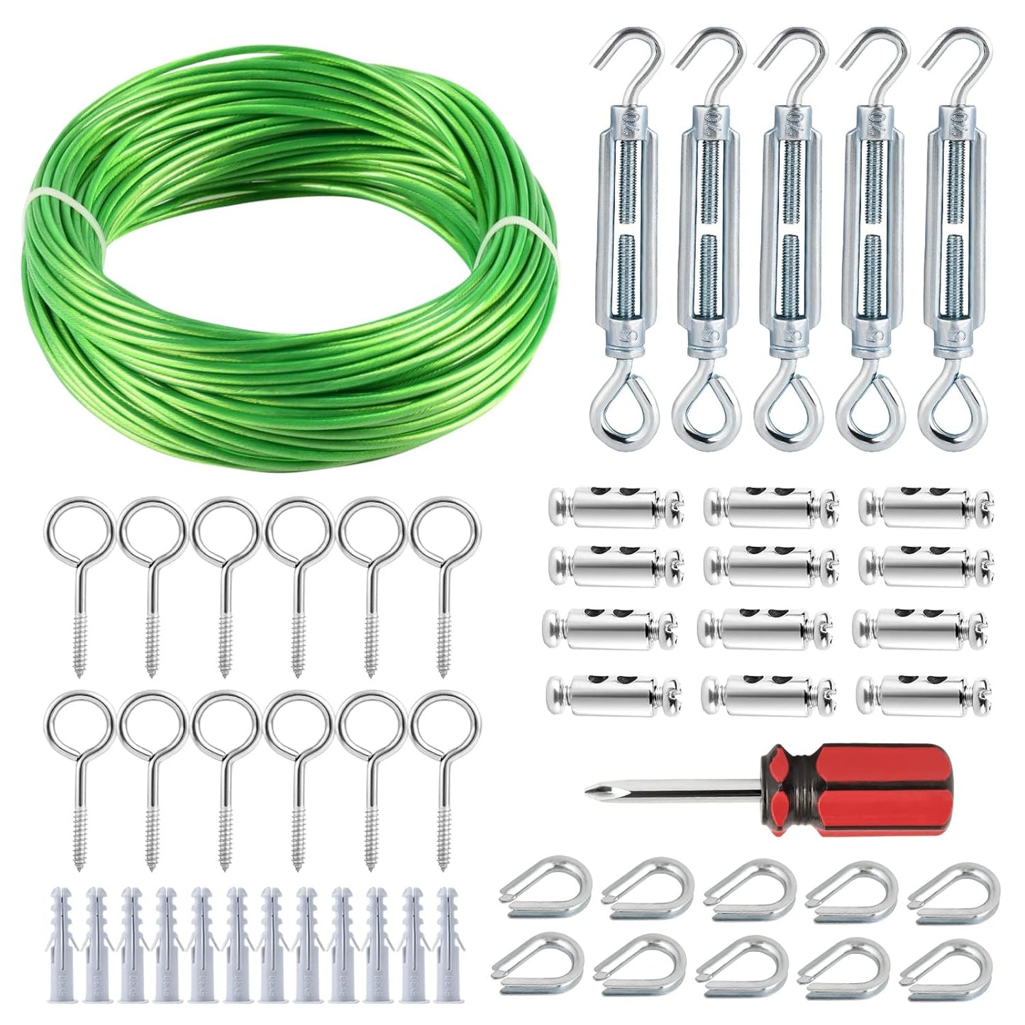 Turnbuckles for Cables Wire, 1/8" X 100Ft Green PVC Coated Wire Rope Kit, Multi-use Steel Cable for Grape Vines/Clothes Line Outdoors for T Post/String Light Hanging/Garden Cable