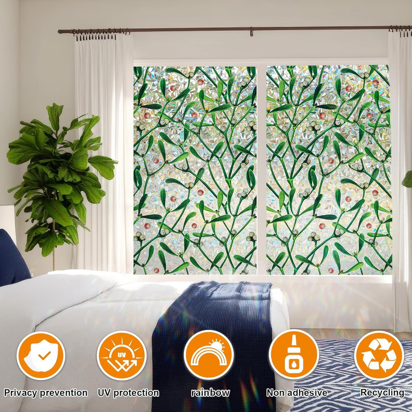 Window Privacy Film Stain Glass Window Film Rainbow Window Film Window clings Non-Adhesive Reusable Decorative for Room (Mistletoe Rainbow, 35.4 x 78.7 in)