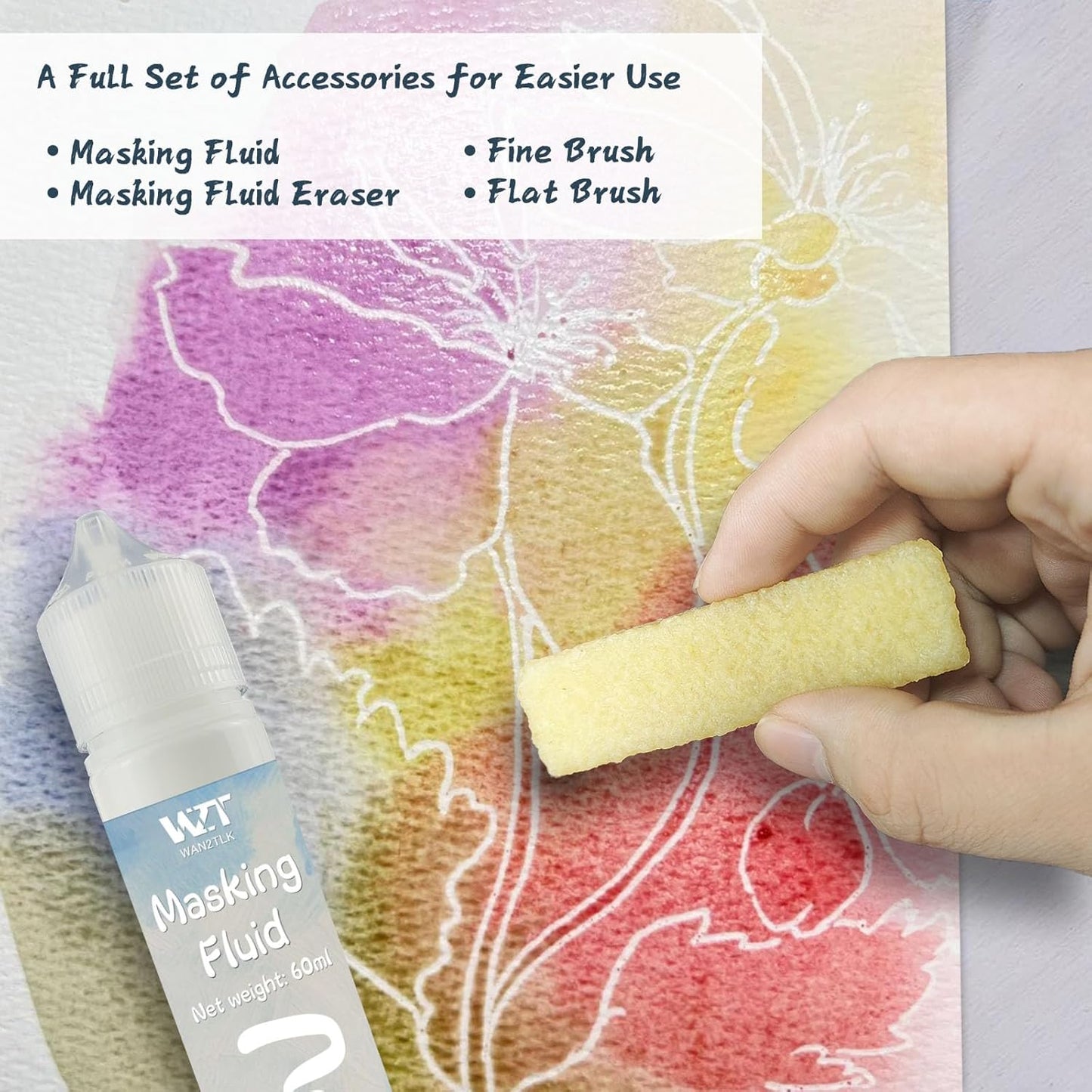Masking Fluid for Watercolor Painting - 60ml White with a Paintbrush and Eraser - Art Masking Fluid Pen Watercolor Medium Art Supplies for Artists