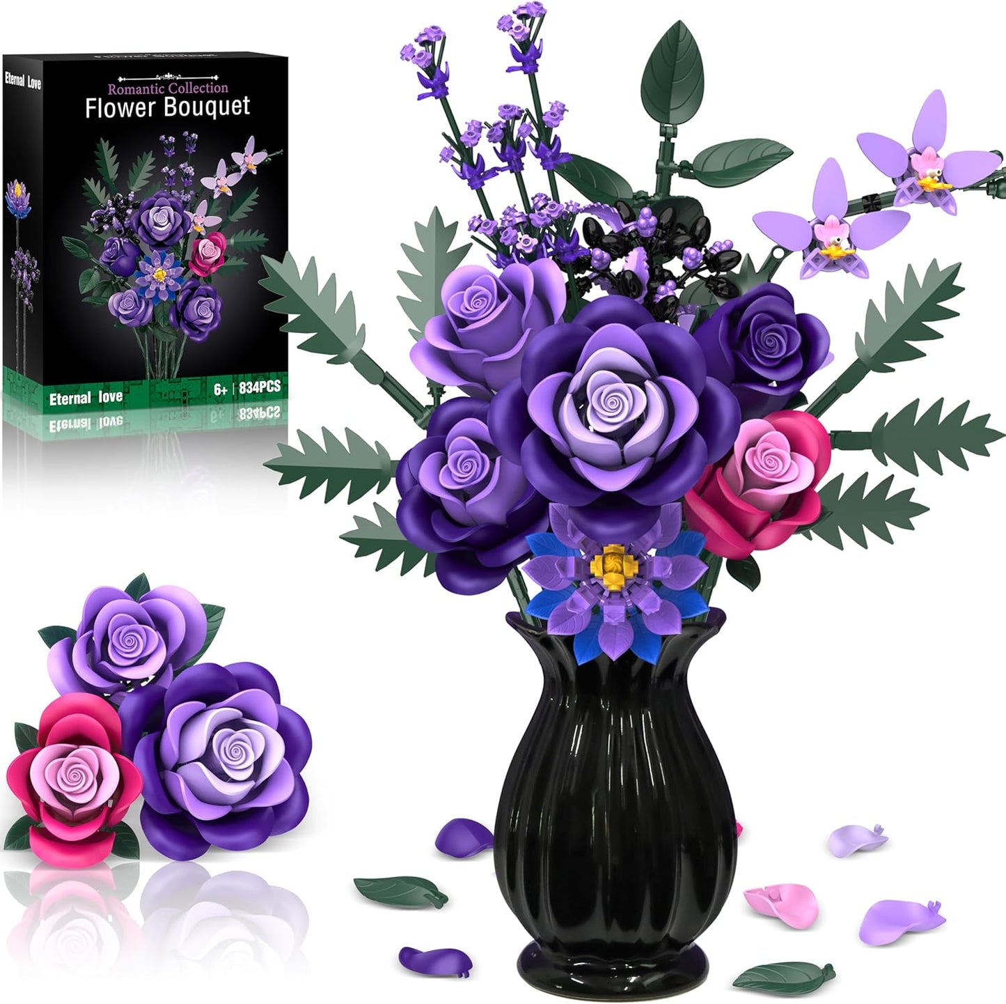 Purple Roses Flower Bouquet Building Sets, 834PCS Artificial Flowers Botanical Collection Compatible with Lego Flowers for Adults Gothic Halloween Decor, Gifts for Halloween Christmas Valentines Day