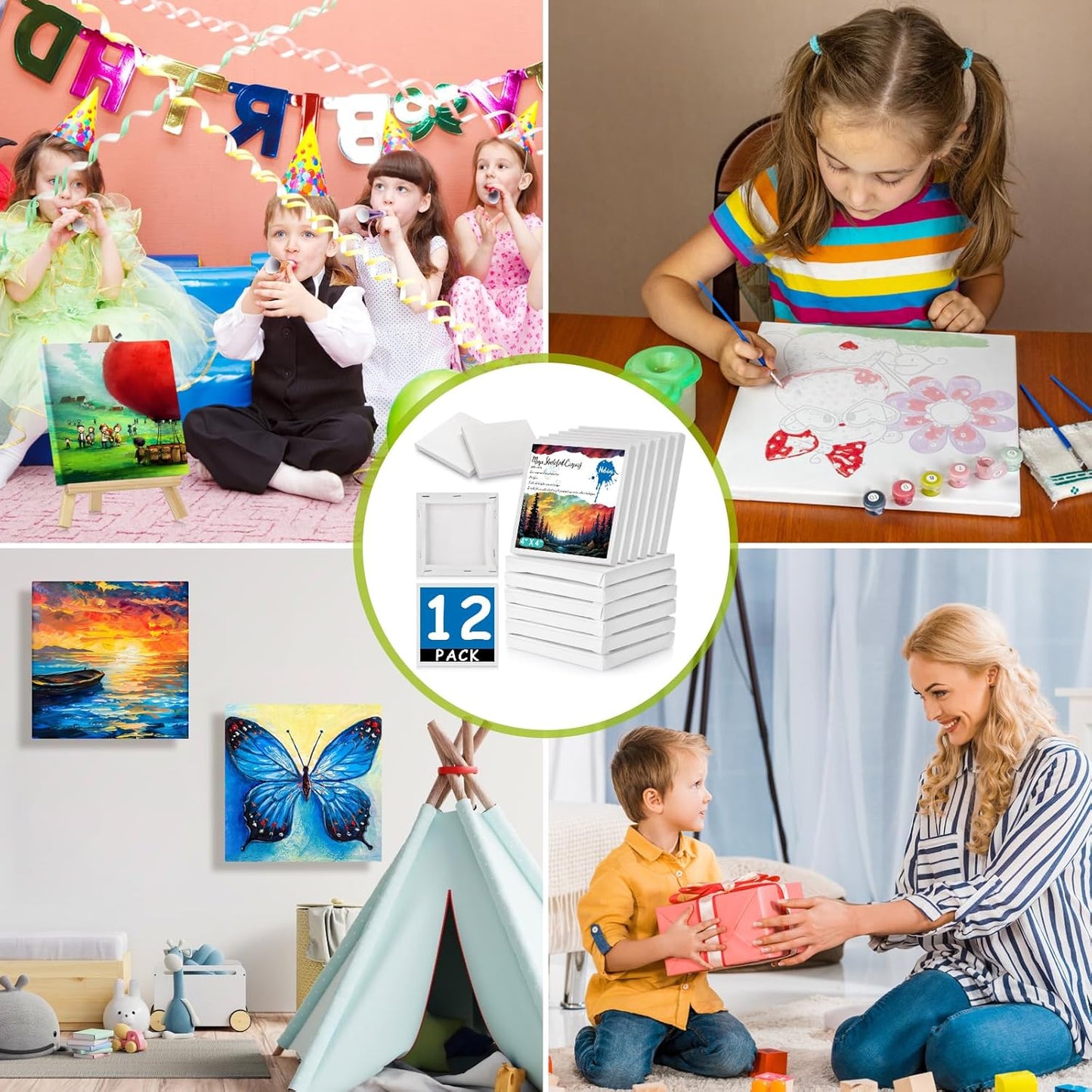 12PCS Mini Canvases for Painting - 4x4In Bulk Profile Small Square Canvases - 100% Cotton Mini Stretch Canvas for Children's Painting Art Supplies, School Home Decorating Projects
