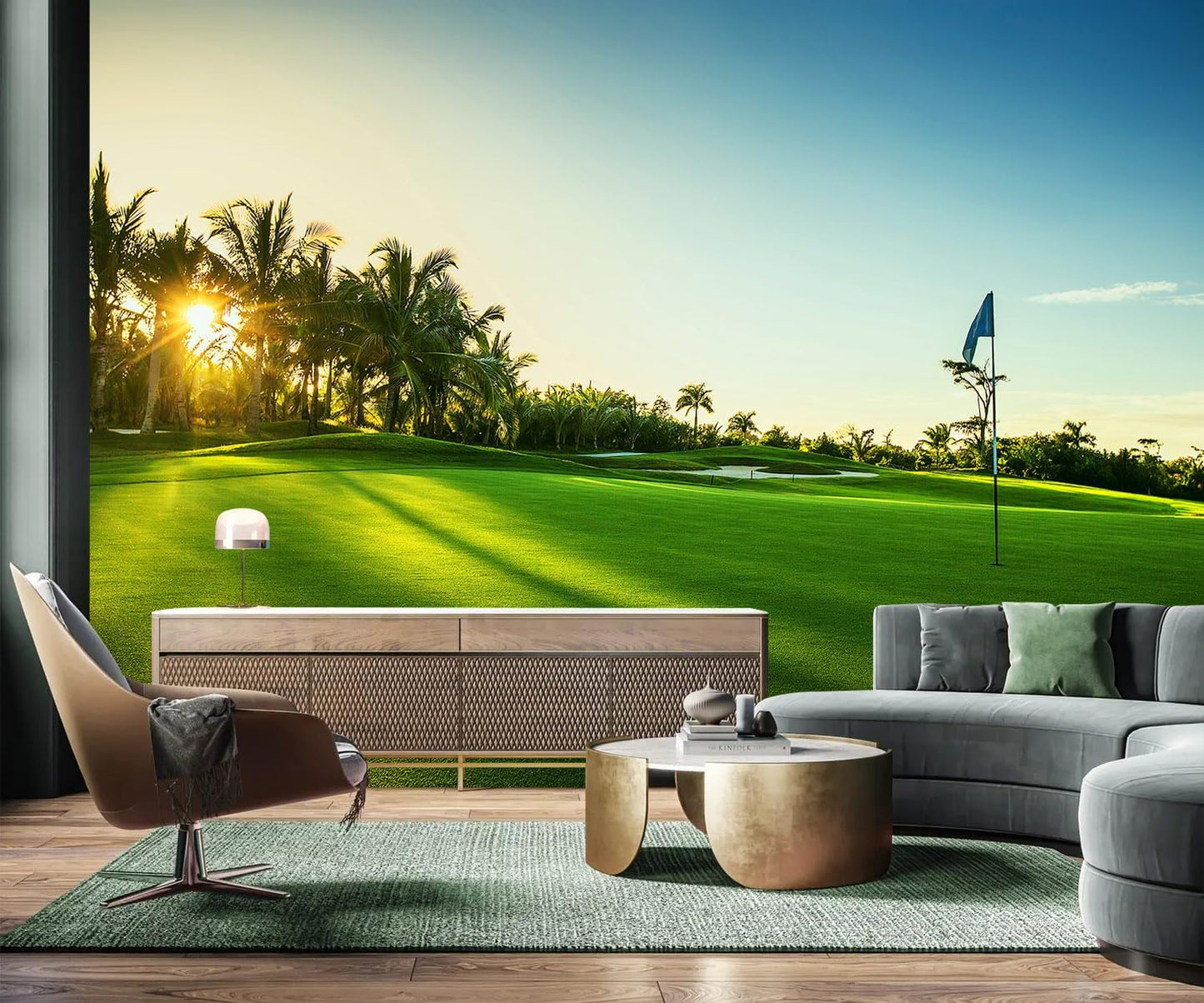 AFZEVEB-Green Golf Course Landscape Wallpaper Wall murals for Bedroom 114"x74"(Not Peel and Stick)