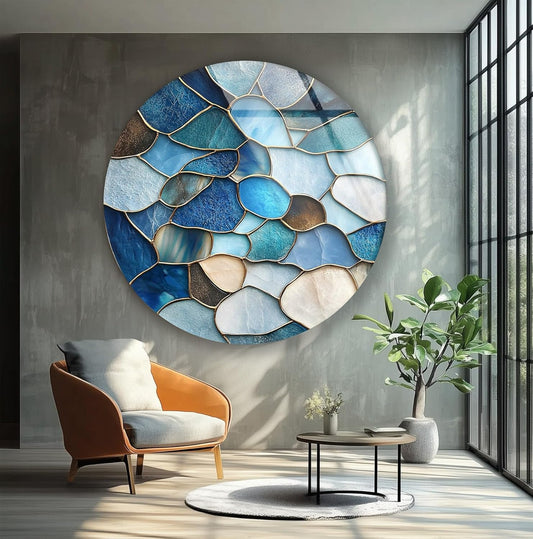 My Photostation.com 39,4''(100cm) Diameter Coastal Blue Stone Mosaic Round Glass Wall Art Tempered Glass Printing Wall Decor Large Wall Art Wall Hangings