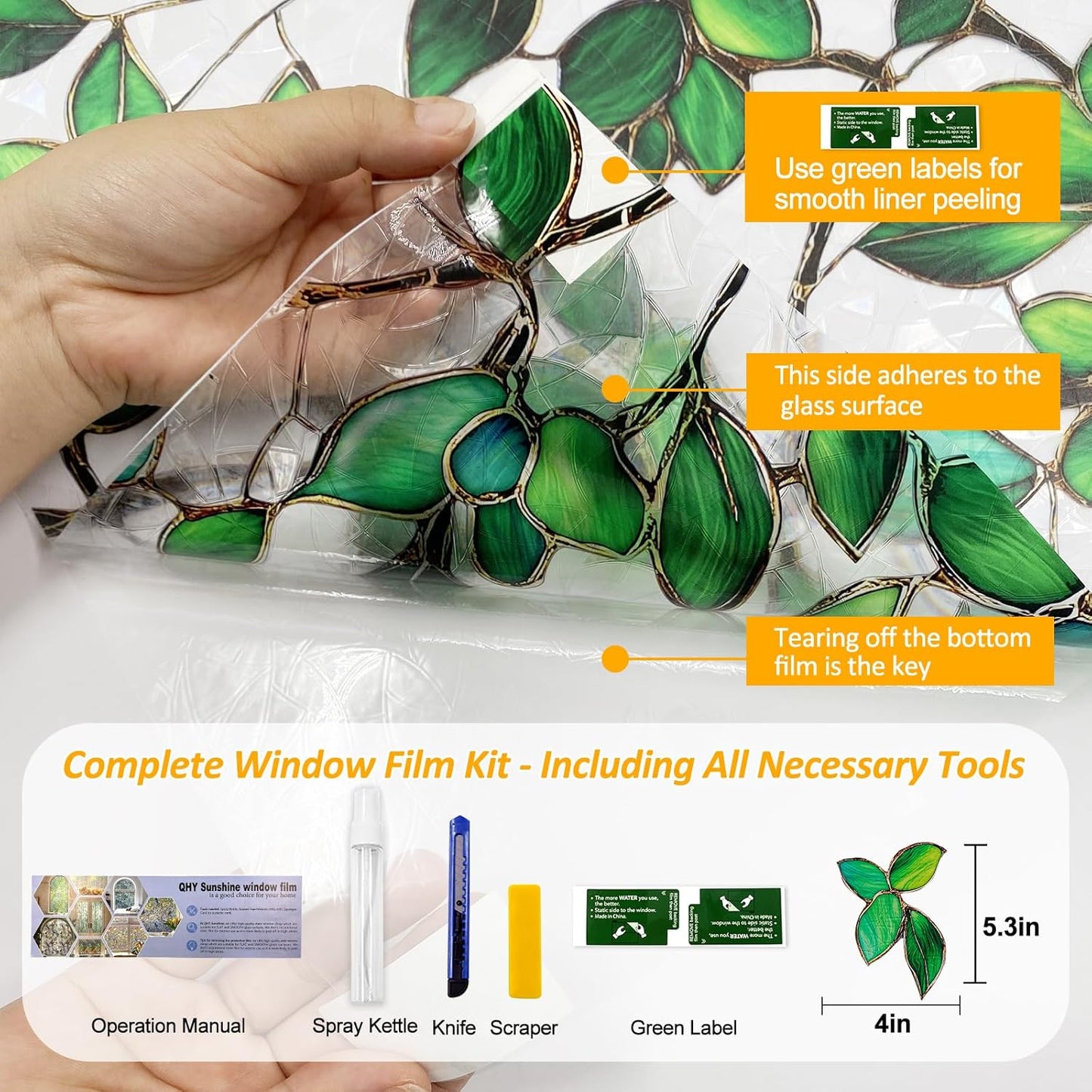 Stained Glass Window Privacy Film Decorative Rainbow Static Clings – Ideal for Home & Office, Adhesive-Free, Removable, UV-Blocking (Green Rainbow, 17.5 X 157.4 in)