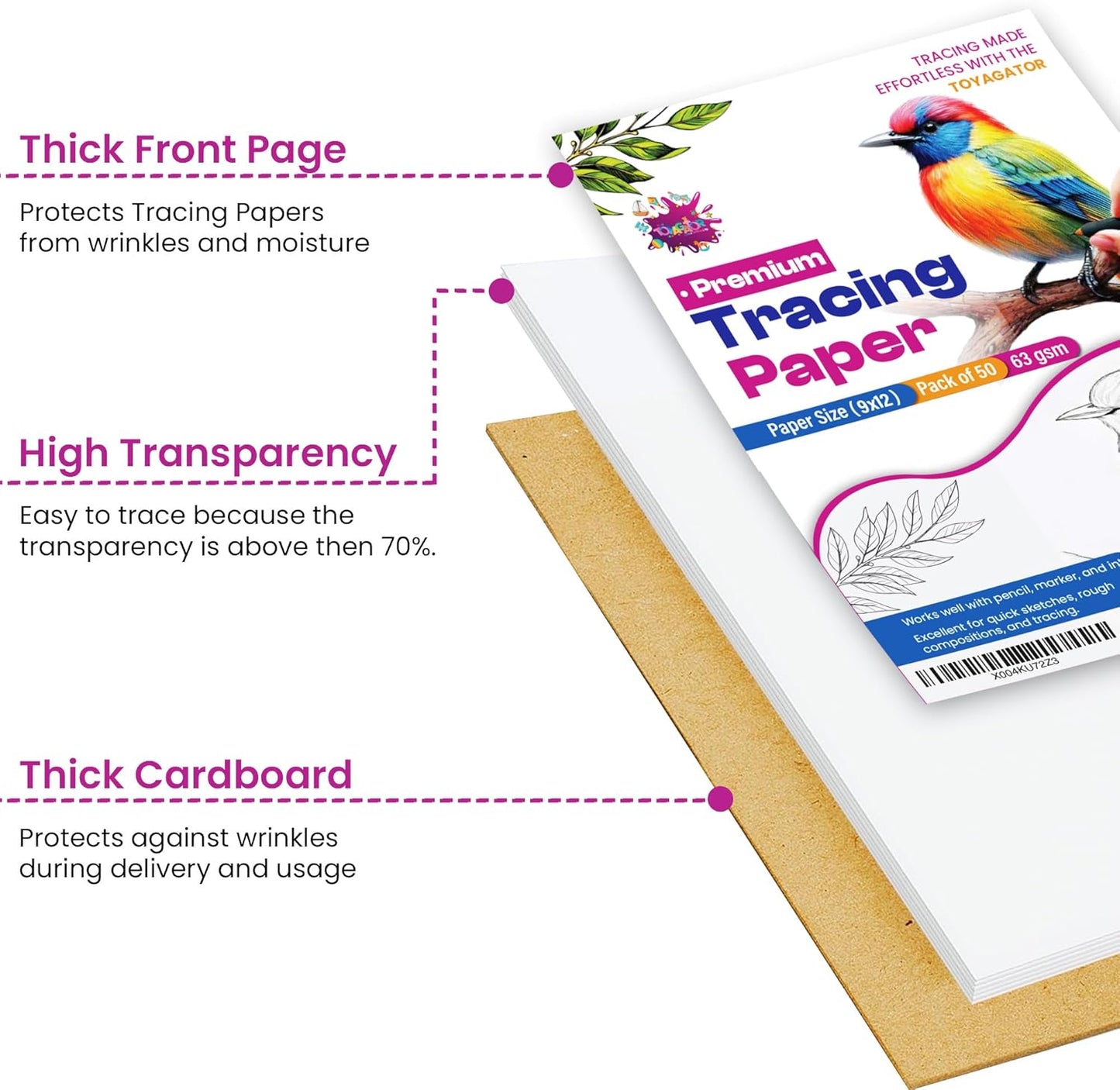 Tracing Paper 9 x 12 Inch - 50 Sheets 41lb/63gsm Transparent Vellum Paper for Sketching, Preliminary Drawing, Drafting & Overlays - Premium Translucent Tracing Paper for Pencil, Marker and Ink