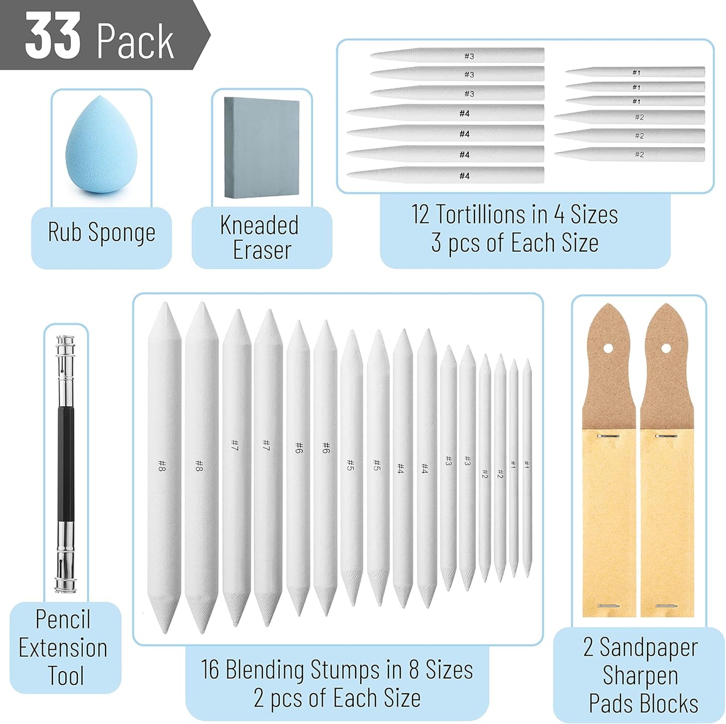Mr. Pen- Blending Stump, 33 pcs, Blending Stumps for Drawing, Shading Pencils for Sketching, Blending Pencil, Tortillions, Sandpaper Sharpeners, Pencil Extension Tool, Kneaded Eraser, Rub Sponge