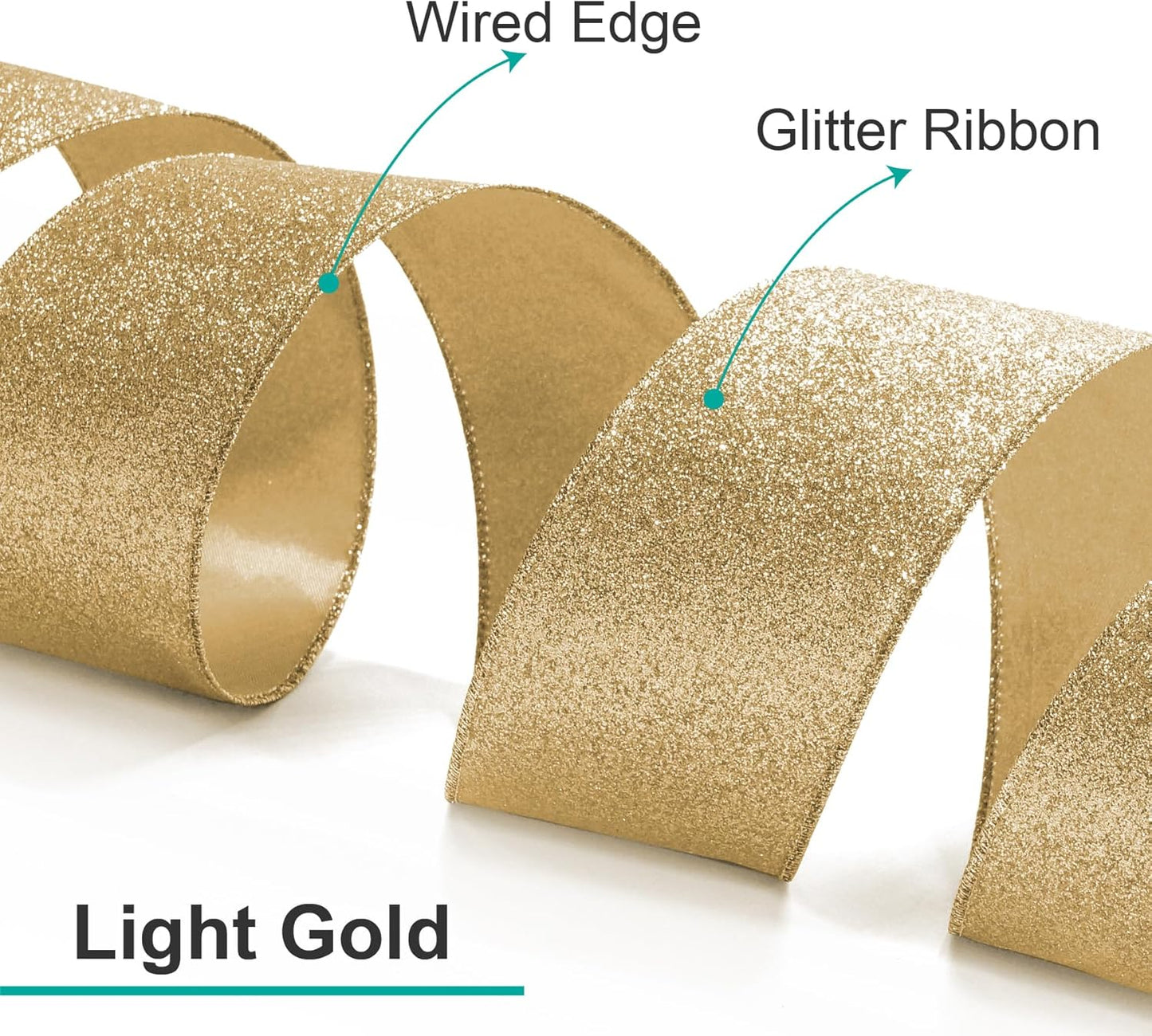 CT CRAFT LLC Glitter Wired Ribbon 2.5" x 10 Yards Light Gold for Christmas Home Decor Bow Gift Wrapping DIY Crafts Wreath