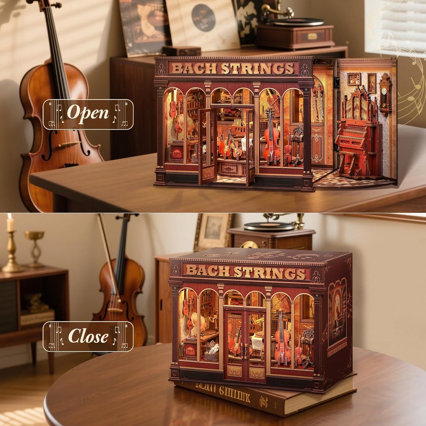 CUTEBEE Book Nook Kit - DIY Miniature House Dollhouse Kit for Adult and Teens, Booknook Bookshelf Decor Alley Model Build with LED Light, Gifts for Family and Friends (Bach Strings)