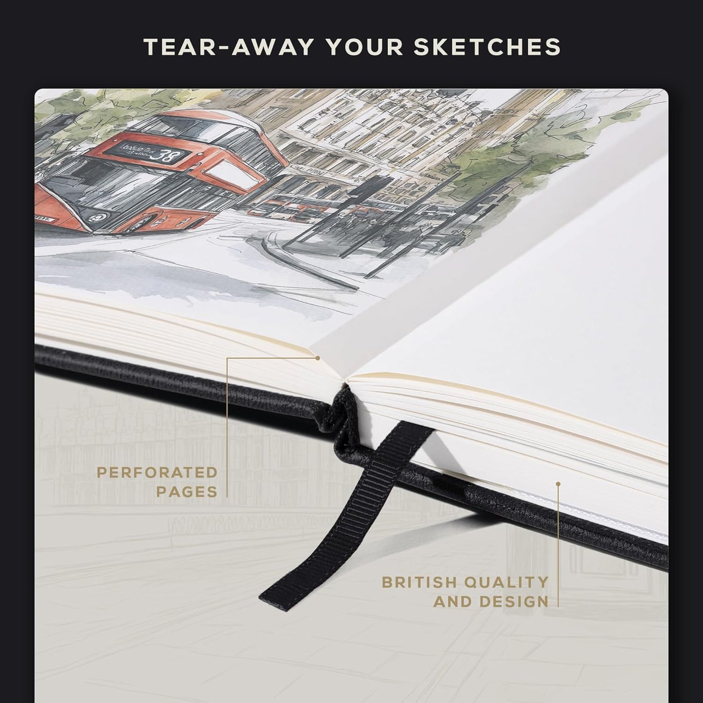 Beechmore Books A3 Sketchbook – 11.7x16.5 Premium Vegan Leather Bound Extra Large Sketch Book Hardcover, 160gsm 160 Perforated Ivory Pages, Blank Sketch Pad, Gift Boxed, Back Pocket, Ribbon Bookmark