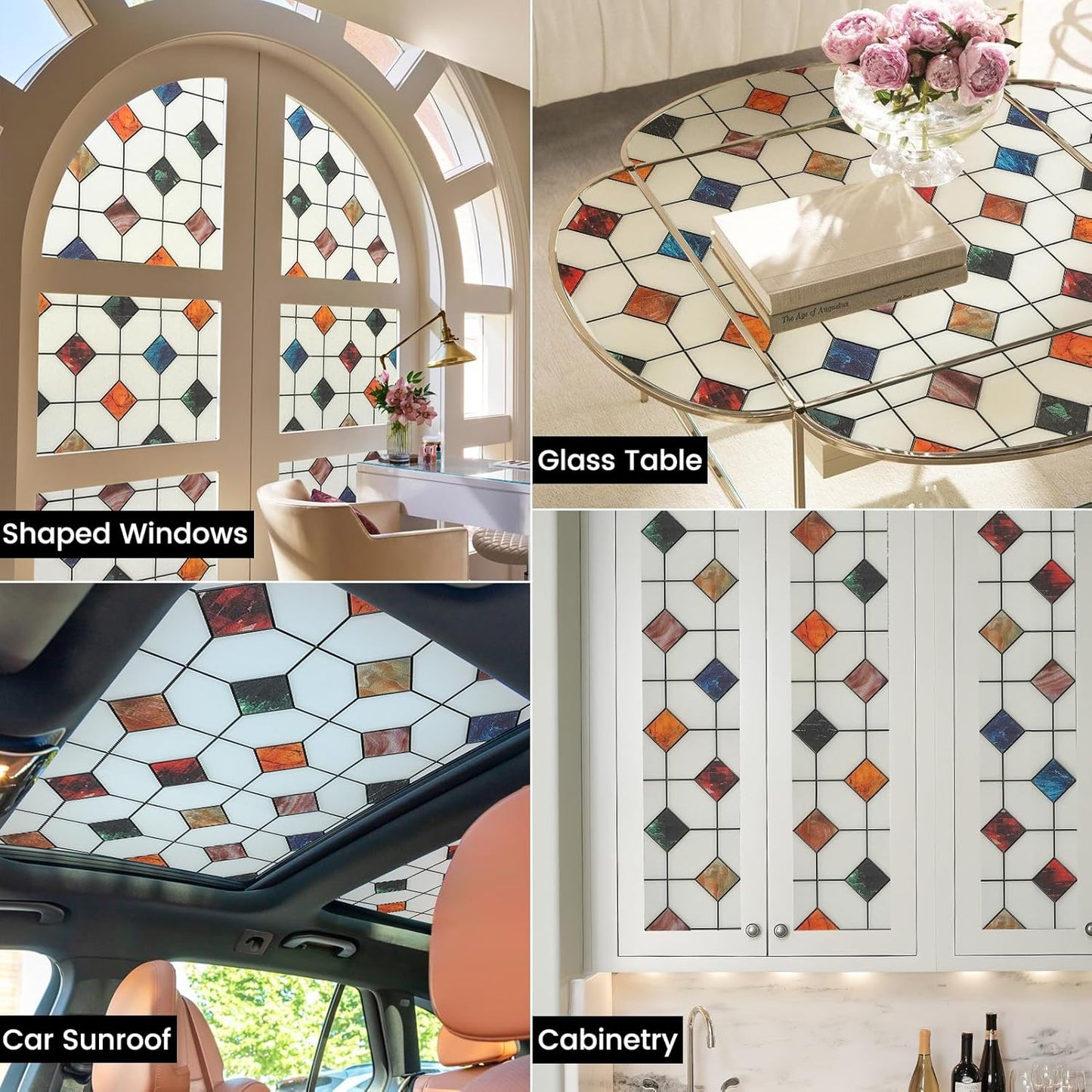 DKTIE Stained Glass Window Film Geometric Patterns, Fine Frosted Window Clings for Glass Windows, Waterproof for Bathroom Window Privacy Film Day and Night (S533, 35.4in X 78.7in)
