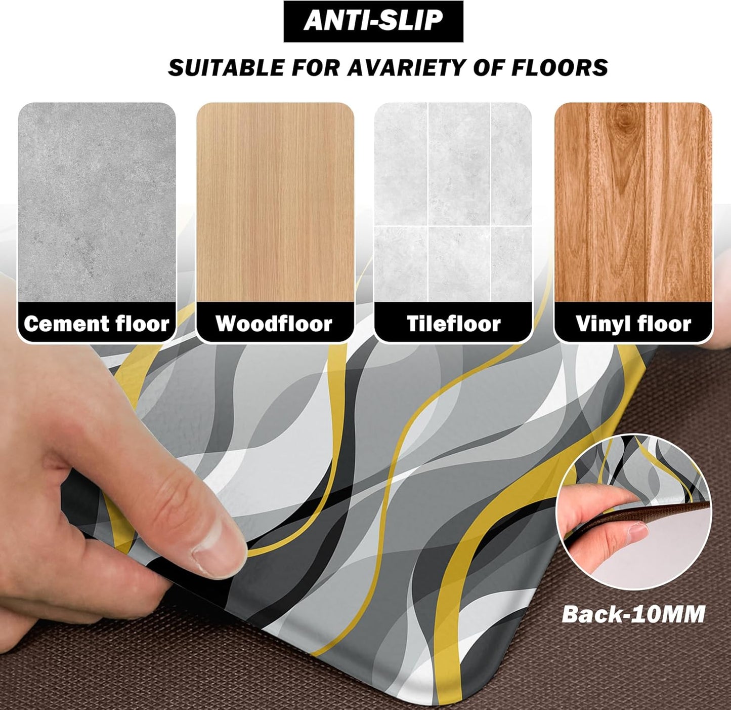 Kitchen Mats for Floor Modern Abstract kitchen rugs Grey and Yellow Stripe Anti Fatigue Kitchen Mats Waterproof Floor Mats Cushioned Non-Skid Standing Mats for Kitchen, Set of 2,17.3 x 28+17.3 x 47