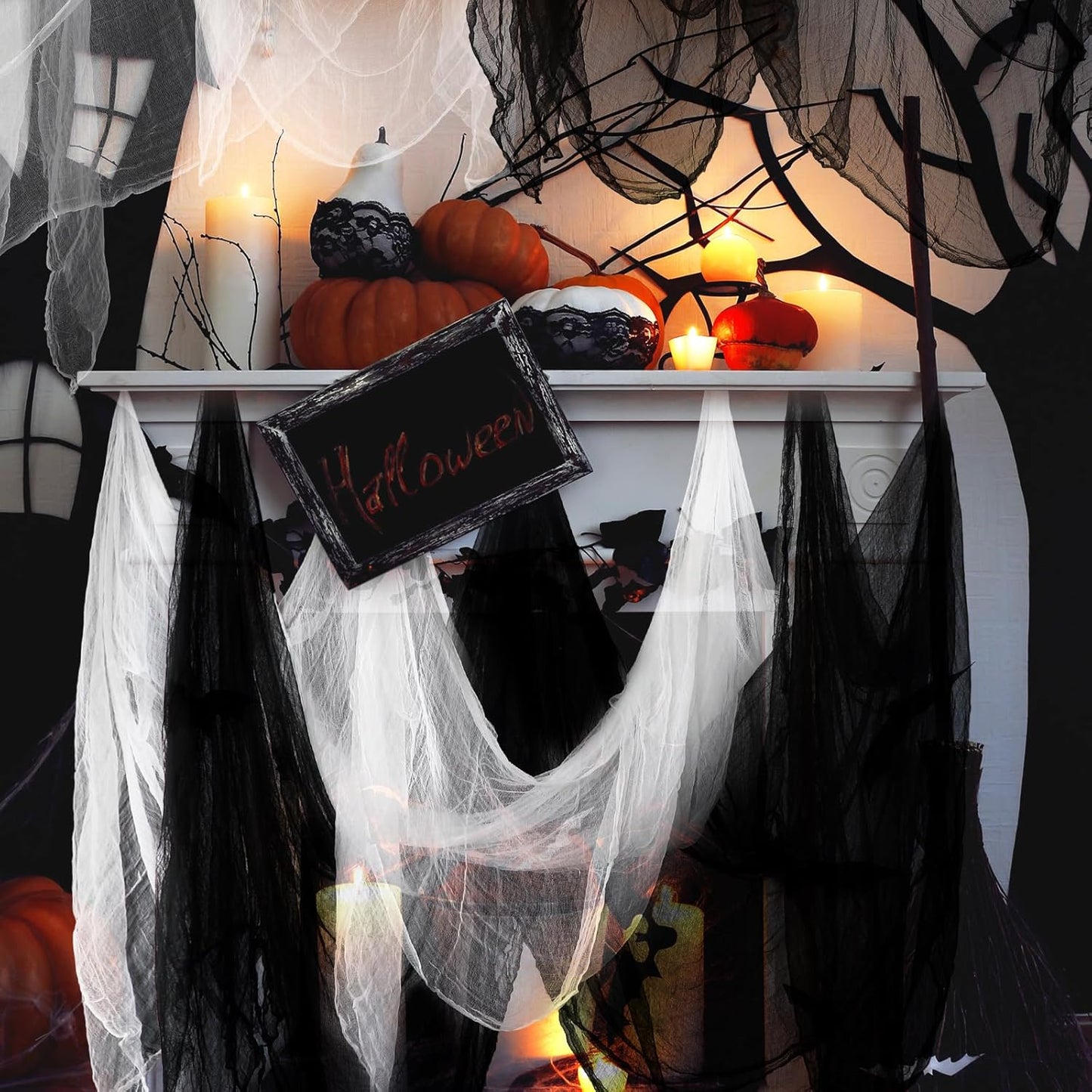 Boao Halloween Cheese cloth 27.56 x 295.28 Inch White Black Cheesecloth Roll for Crafts Large Cotton Muslin Gauze Fabric for Halloween Outdoor & Indoor Spooky Decoration