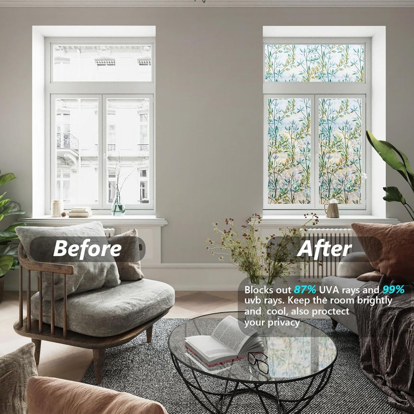 Finnez Window Privacy Film 3D Static Cling Window Film, No Glue Heat Control & 96% UV Blocking for Home Office, Decorative Frosted Glass Cover 35.4 Inch x 6.5 Feet