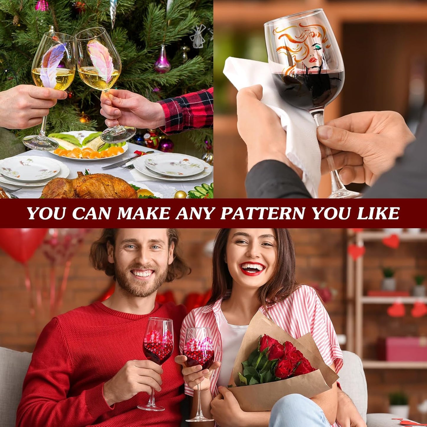 Pickmesh 4 Set Paint Your Own Glasses Kit for Adults 15 oz Wine Glass 12 Pcs DIY Markers 12 Colors Acrylic Paint with Brushes to Design Your Own Wine Glasses Gifts(High Feet)