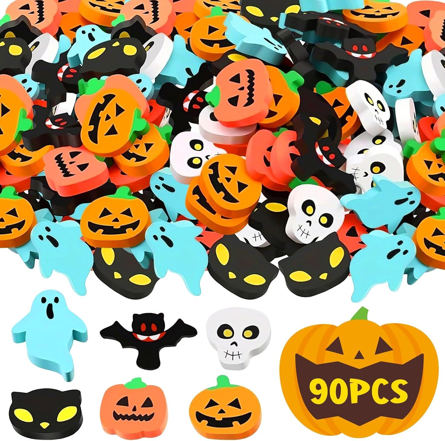 60 Pcs Halloween Mini Erasers for Kids, PLULON Goody Bag Fillers Pumpkin Black Cat Bat Skull Ghost Erasers Bulk Novelty Funny Halloween Classroom Trick or Treat Party Favors Gift
