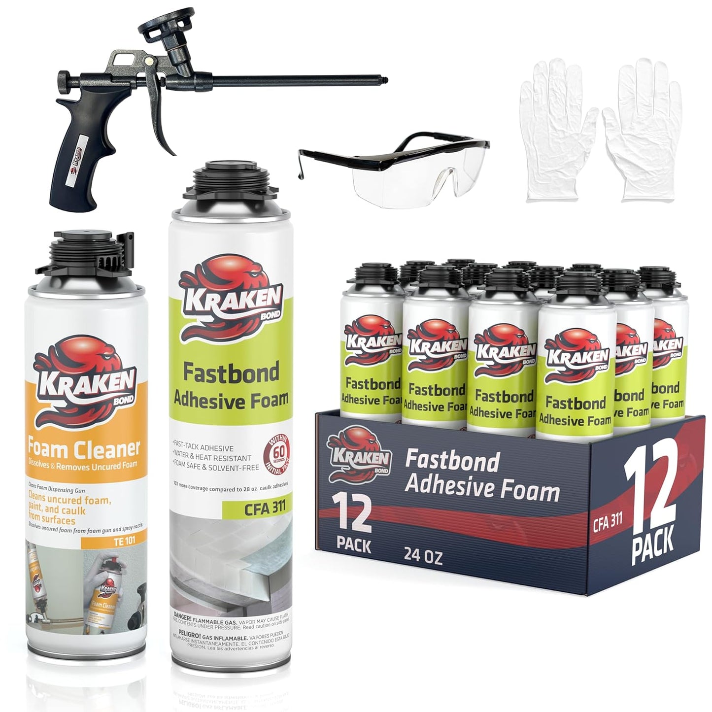 Kraken Bond Fastbond Spray Foam Adhesive (12x24oz.) - Heavy Duty Construction Adhesive for Insulation, Wall & Facade, Concrete, Stone, Subfloor, XPS & EPS Foam Board, Gun&Cleaner Included | 12 Pack