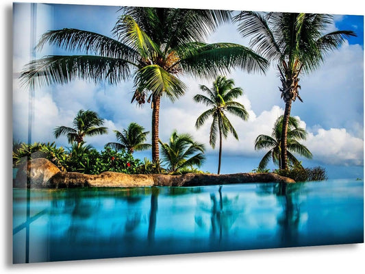 My Photostation.com 28Wx18H'' Island & Blue Sea Glass Wall ArtTempered Glass Printing Wall Decor Large Wall Art Wall Hangings