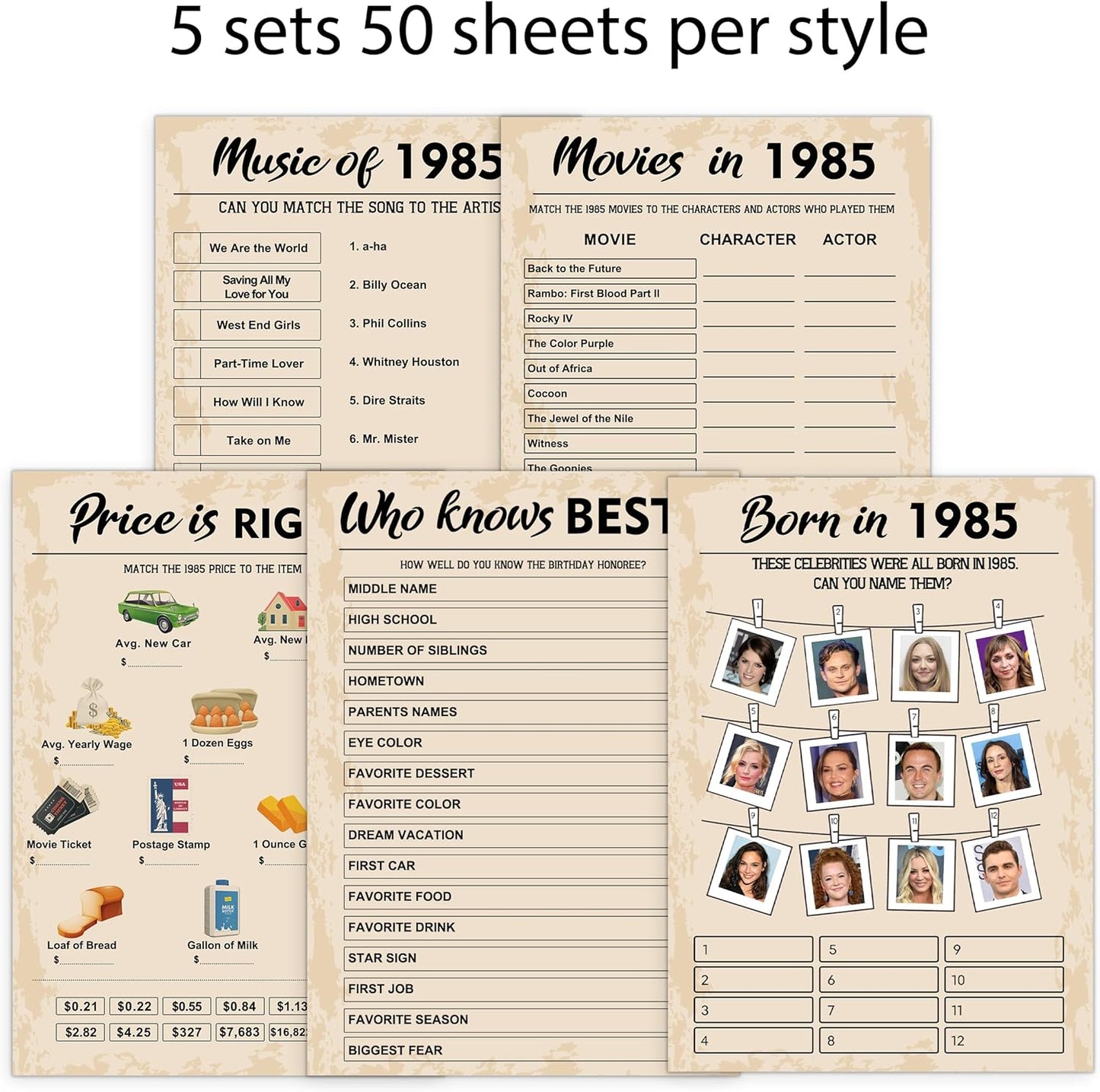 40th Birthday Party Games, Born in 1985 Games Bundle, Set of 5 Activities for 10 Guests, Birthday Party Supplies for Adults, Pack of 50 Cards