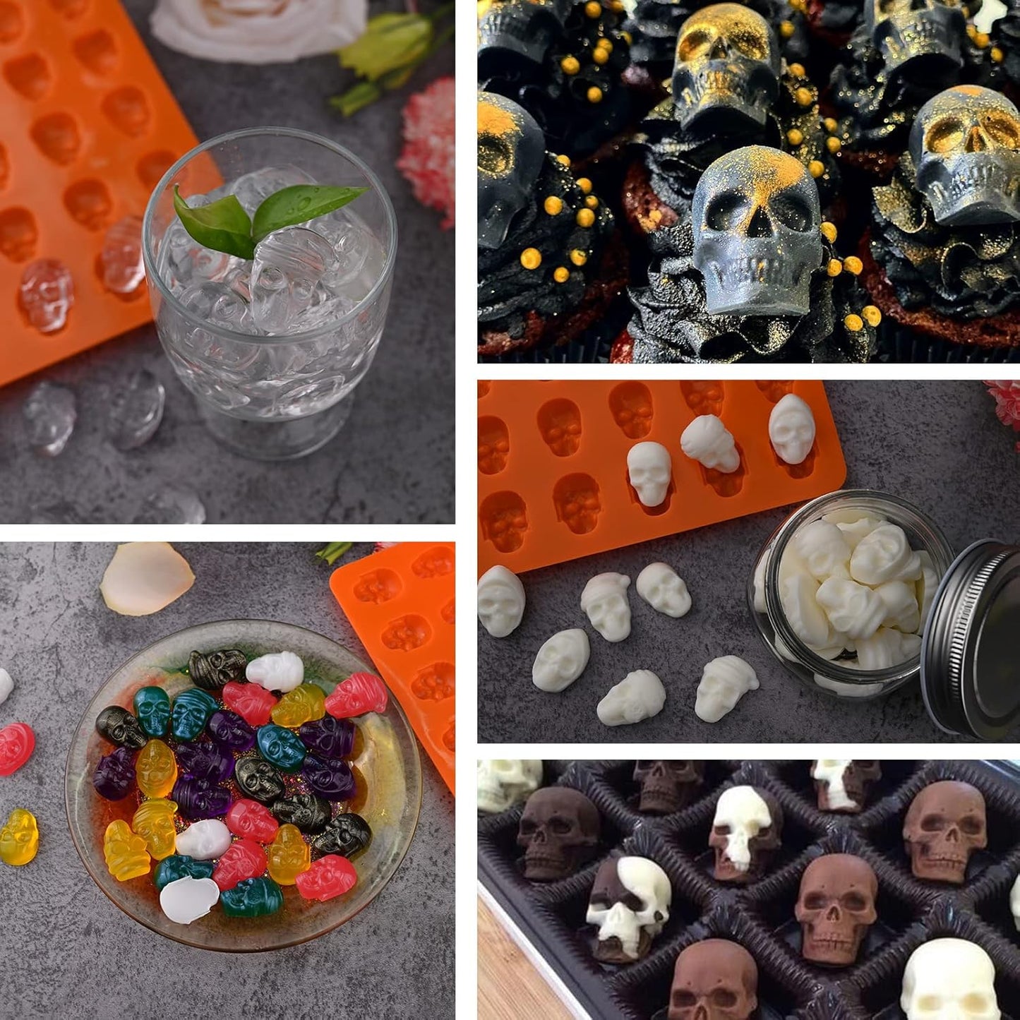Sakolla Skull Candy Molds Silicone, 2 Pack 36 Cavity Non-Stick Halloween Gummy Molds for Chocolate, Candy, Jelly, Ice Cube, Dog Treats