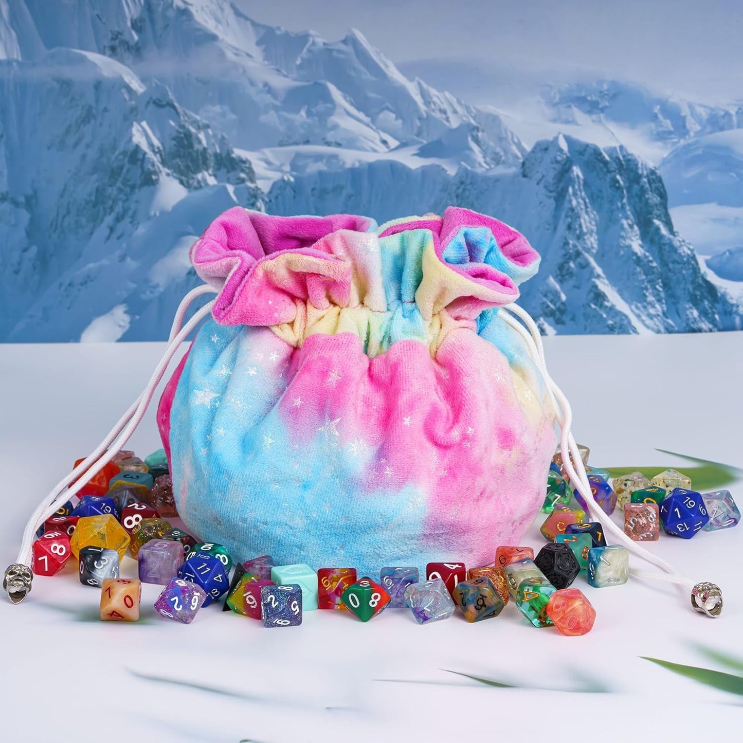 Large Dice Bags with Pockets Rainbow Storage Bags Star Pattern for DND RPG Games (with 1lb Random DND Dice)