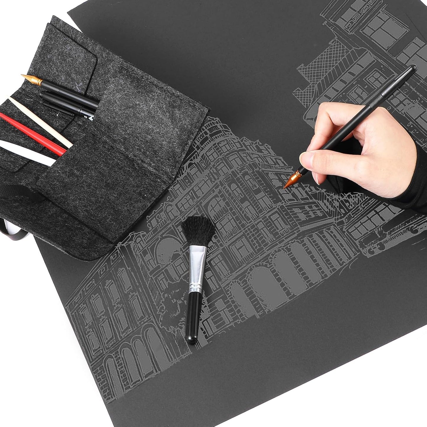 9Pcs Scratch Art Tools Set Including Artist Glove, Tool Bag, Scratch Coloring Pens, Plastic And Wooden Stylus, Scraper, Repair Pen, Clean Brush Scratchs Painting Drawing Tools for Adult Painting Paper