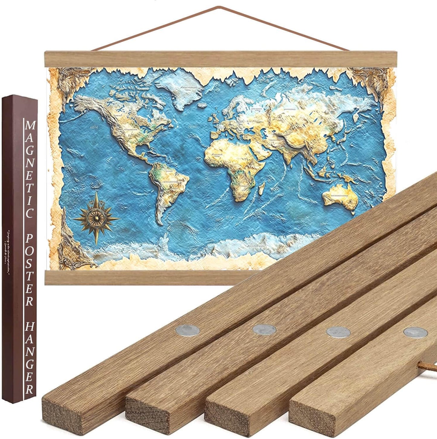 DACRI HOME 54" Magnetic Poster Hanger Frame - Sturdy Teak Wood Poster Frame, Strong Magnets for Easy Hanging Map Picture Print Scroll Wall Art 54x30 54x36 54x38 (54 Inch, Natural Wood)