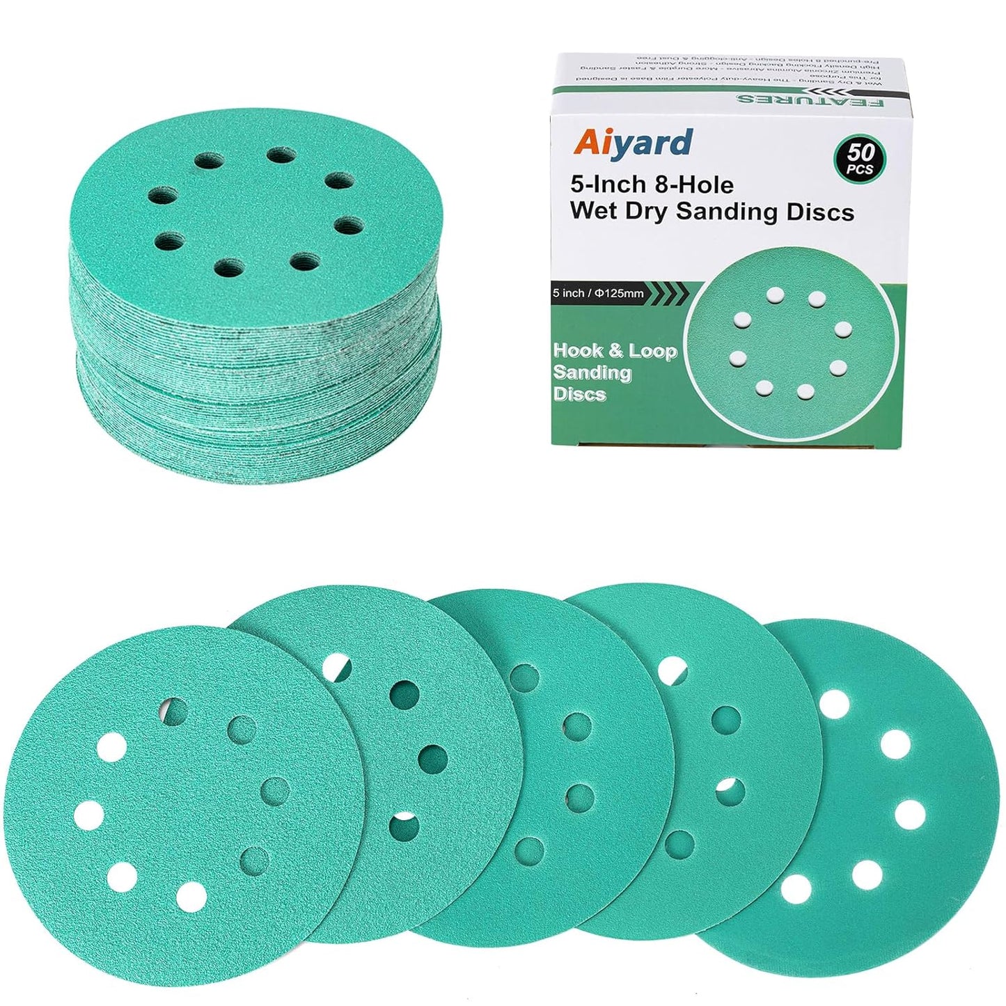 5-Inch 8-Hole Wet Dry Sanding Discs 80/120/180/220/320 Assorted Grits, Polyester Film Backed Heavy-Duty Hook and Loop Sandpaper for Random Orbital Sander, 50-Pack