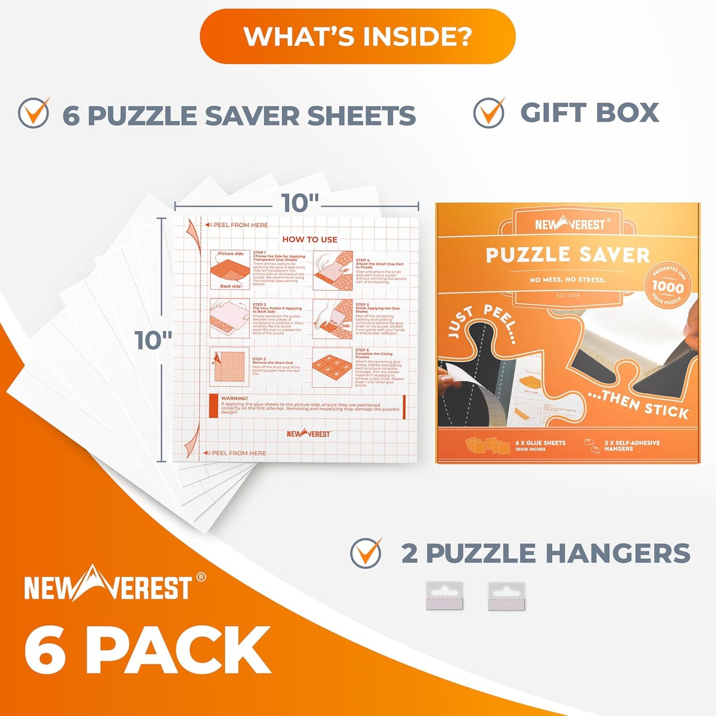 Newverest 6-Pack Puzzle Glue Sheets 10×10″ – Preserve & Display 1 × 1000-Piece Jigsaw Puzzles – Peel & Stick Puzzle Saver with 2 Adhesive Hangers – No Glue, No Mess, Ships Flat, Gift-Ready Box
