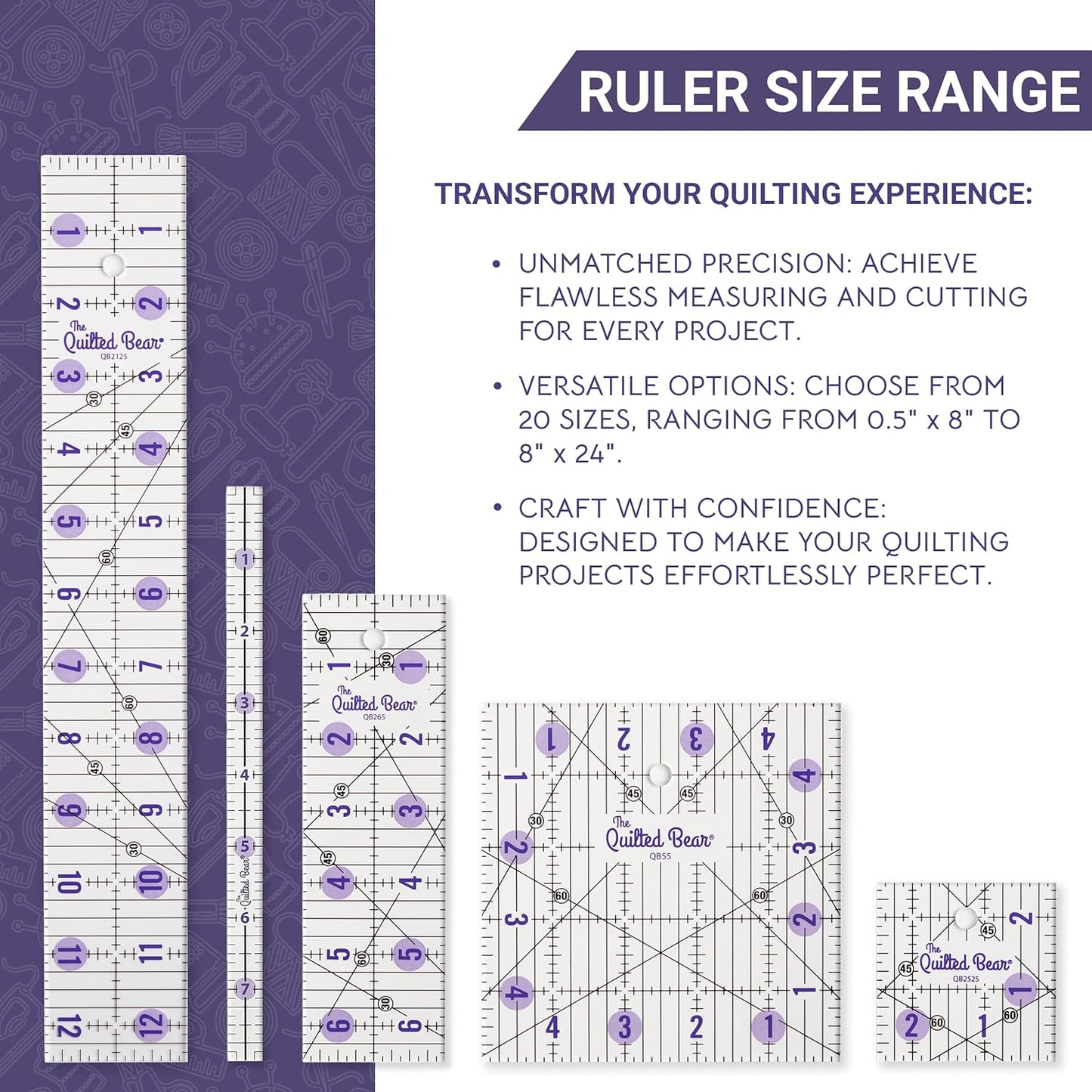 The Quilted Bear Quilting Rulers - Transparent Acrylic Non Slip Quilting, Patchwork & Sewing Ruler with Clear Black Lines & 30, 45 & 60 Degree Angles for Perfect Accuracy & Precision (12.5" x 12.5")