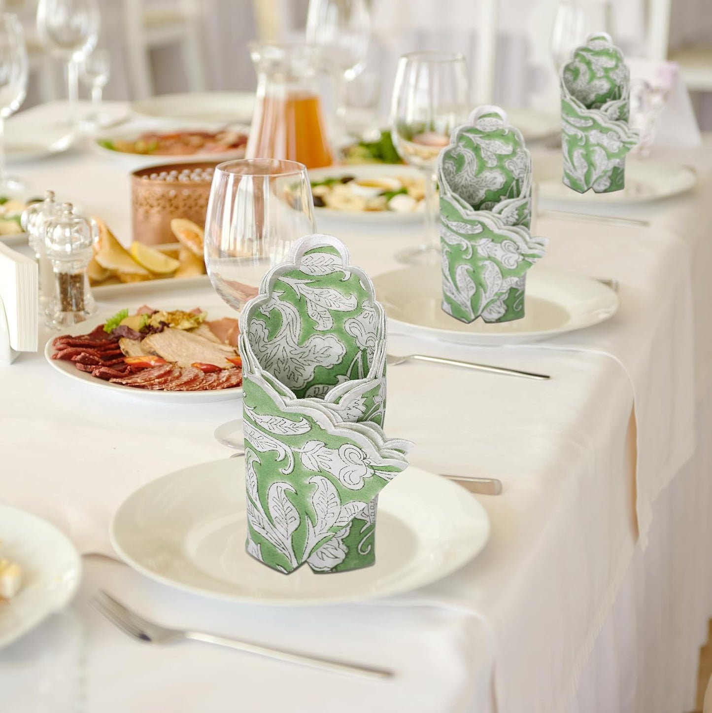 Ridhi Sage Green Hand Block Print Napkins 18" x 18" Set of 4 Reusable Cotton Dinner Napkins for Weddings, Parties & Everyday Dining, Thanksgiving, Christmas, Fall