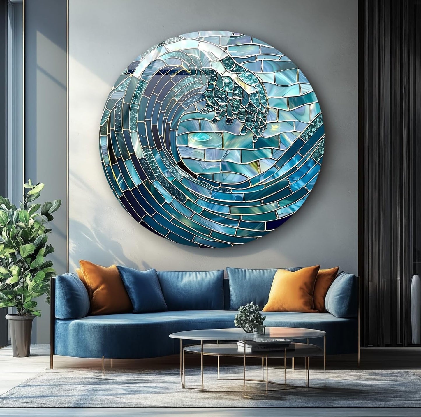 My Photostation.com 24''(60cm) Diameter Ocean Wave in Blue Mosaic Round Glass Wall Art Tempered Glass Printing Wall Decor Large Wall Art Wall Hangings