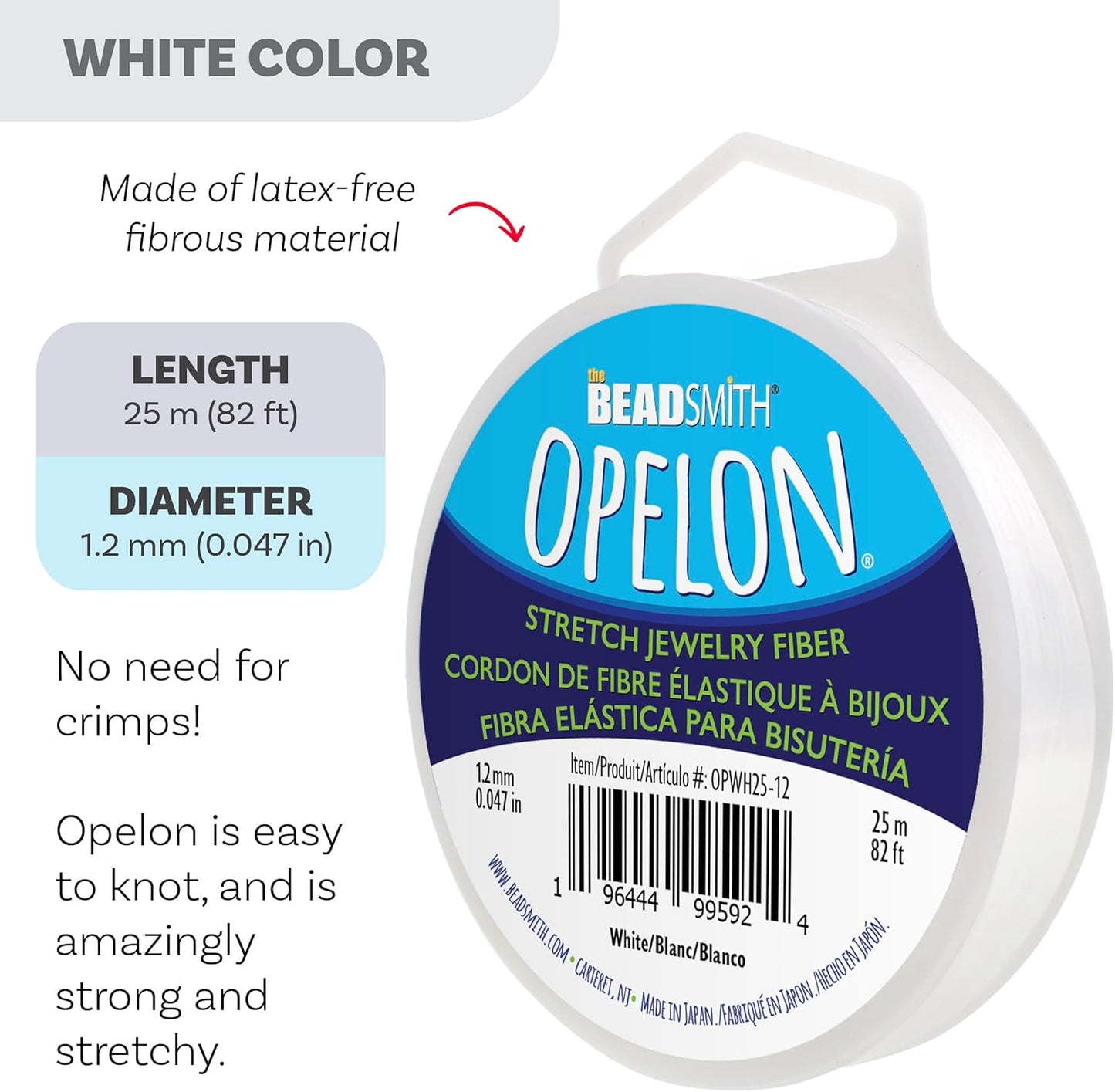 The Beadsmith Opelon Stretch Cord – Elastic Beading Fiber, White, 1.2 mm Diameter, 25 Meters (82 ft) Spool