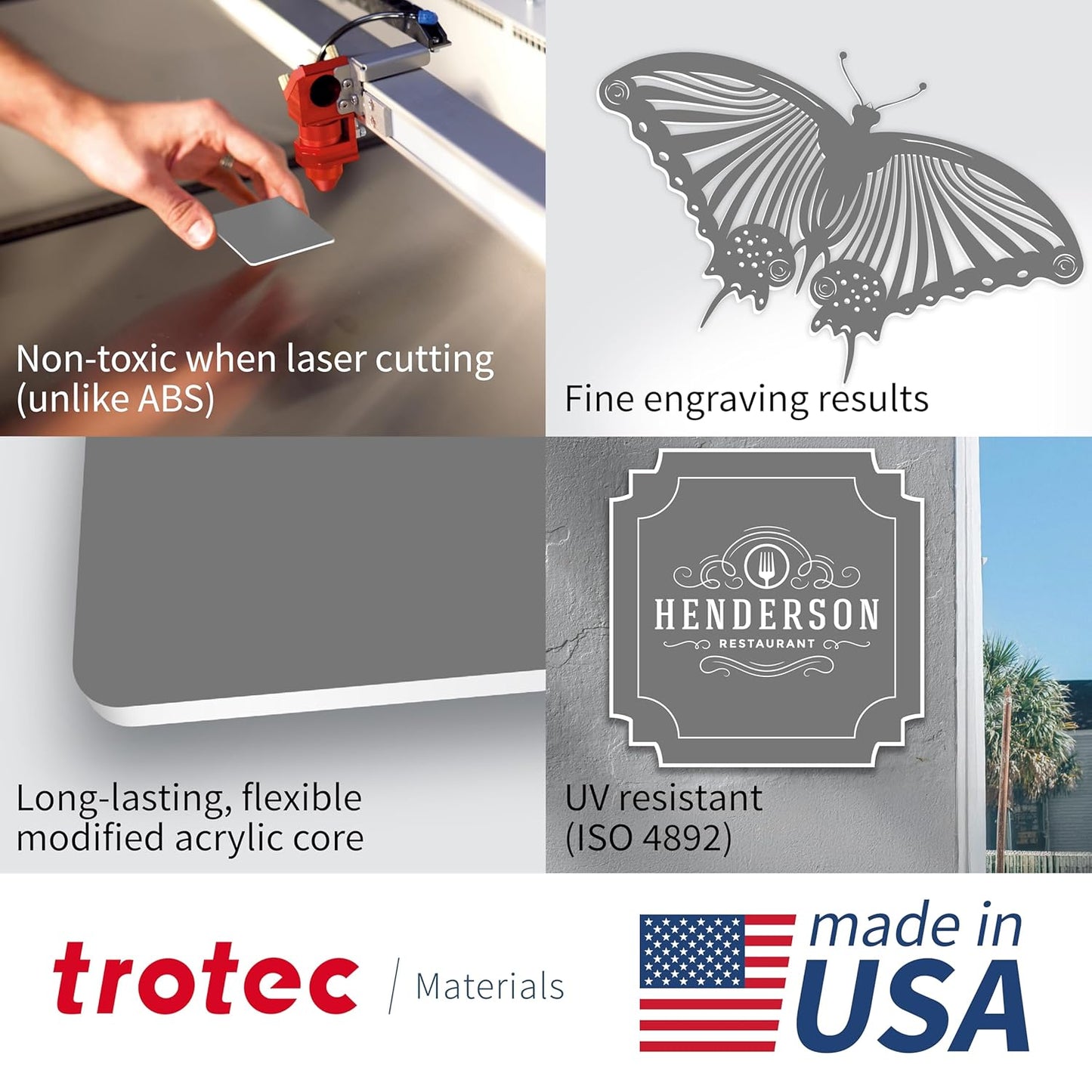 Trotec TroLase | 12"x12"x1/16", 8 Pcs | Smoke Grey/White | 2 Ply | Modified Acrylic | Laser Engraving Double Color Plastic Sheet | Engraving Blanks for Laser, Saw, Guillotine | Made in USA