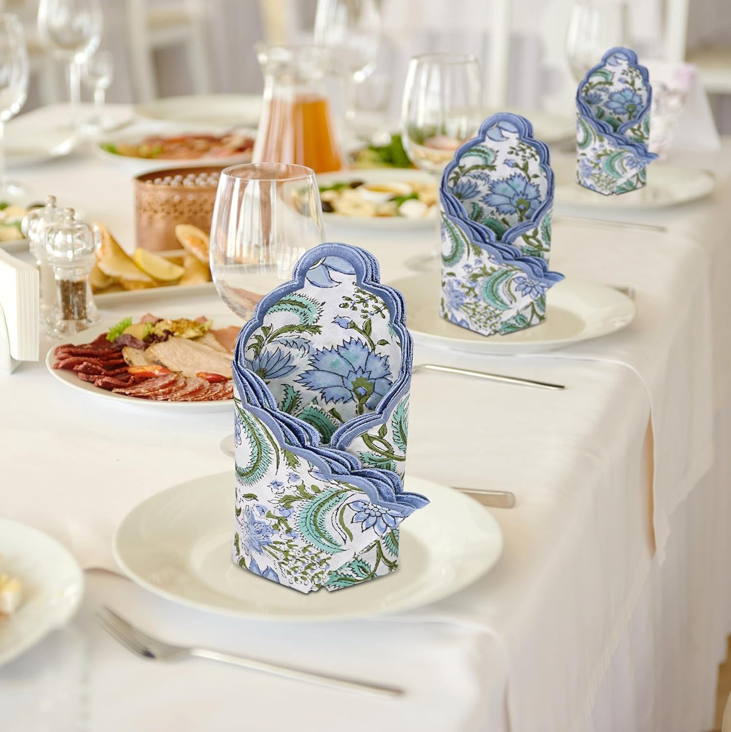 Ridhi Columbia BlueHand Block Print Napkins 18" x 18" Set of 4 Reusable Cotton Dinner Napkins for Weddings, Parties & Everyday Dining, Thanksgiving, Christmas, Fall