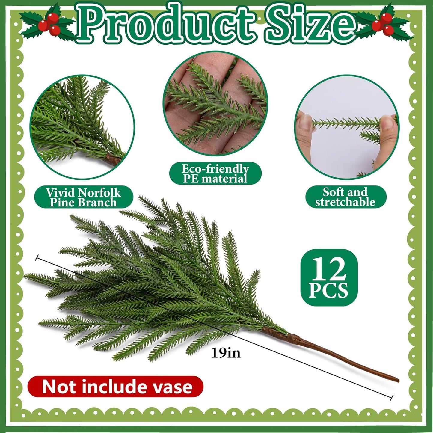 15 Pcs Christmas Norfolk Pine Branches with Red Berry Stems, 19" Extra Long Fake Greenery Norfolk Pine Stems Sprigs, Artificial Xmas Branches Plants Pine Leaves for DIY Craft Garland Home Decor