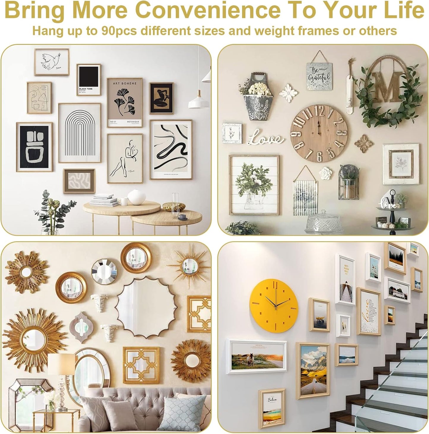 90PCS Picture Hanging Nails, 3 Sizes Wall Decorative Nails for Hanging Pictures Frame Kit Hanging Hardware Tool Hangers for Claw Drywall Nails (Small Medium Large Nails)