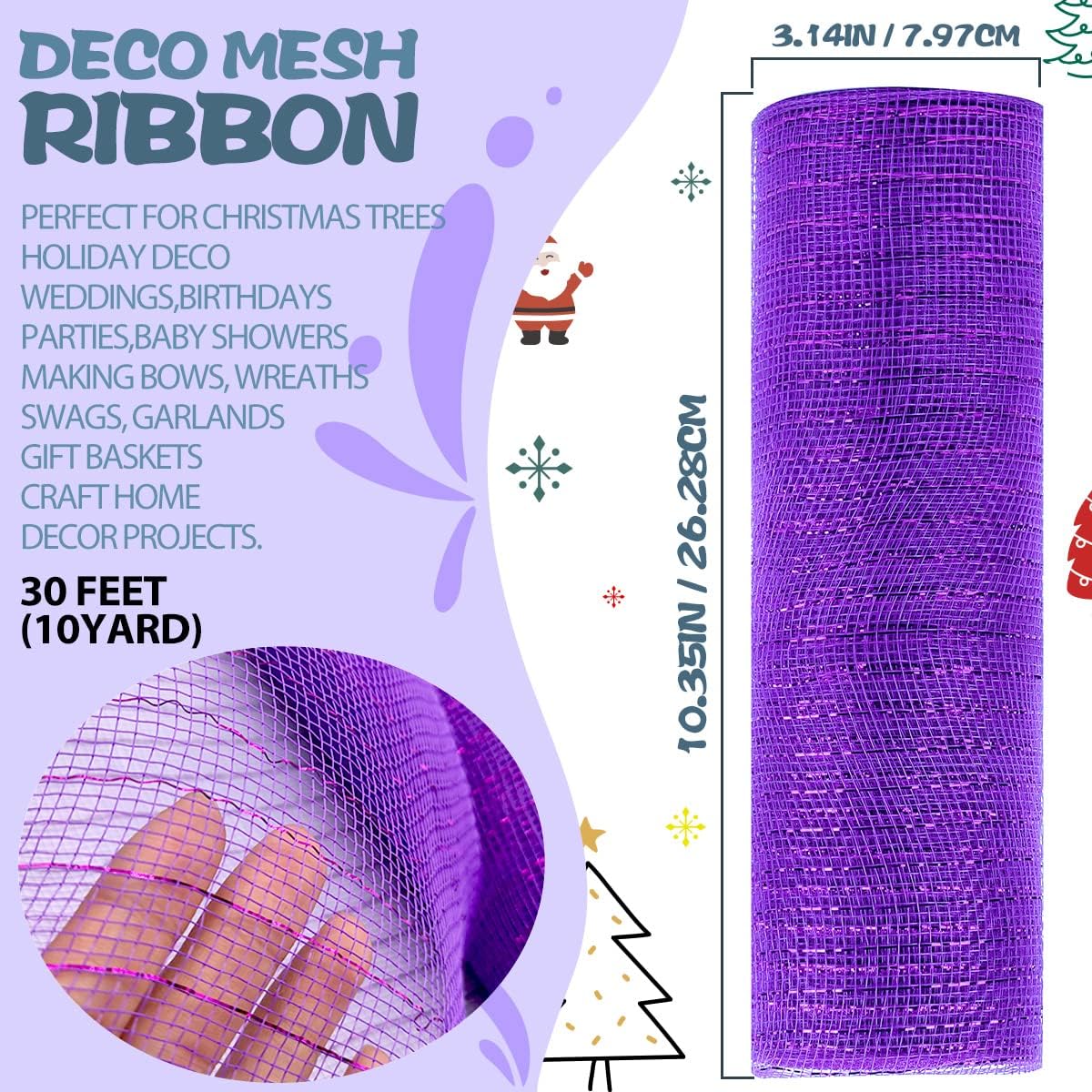 Anivia Deco Mesh Ribbon, 10inch x 30 Feet Each Roll Metallic Foil Mesh Ribbon for Wreaths Swags, Holloween, and Christmas Tree Decoration (Purple/Purple Foil)